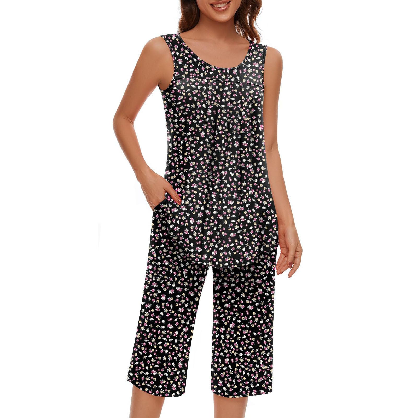Women's 2-Piece Floral Print Pajama Set - Sleeveless Tank Top & Capri Pants | Soft Summer Sleepwear & Lounge Wear for Comfortable Nights & Relaxing at Home