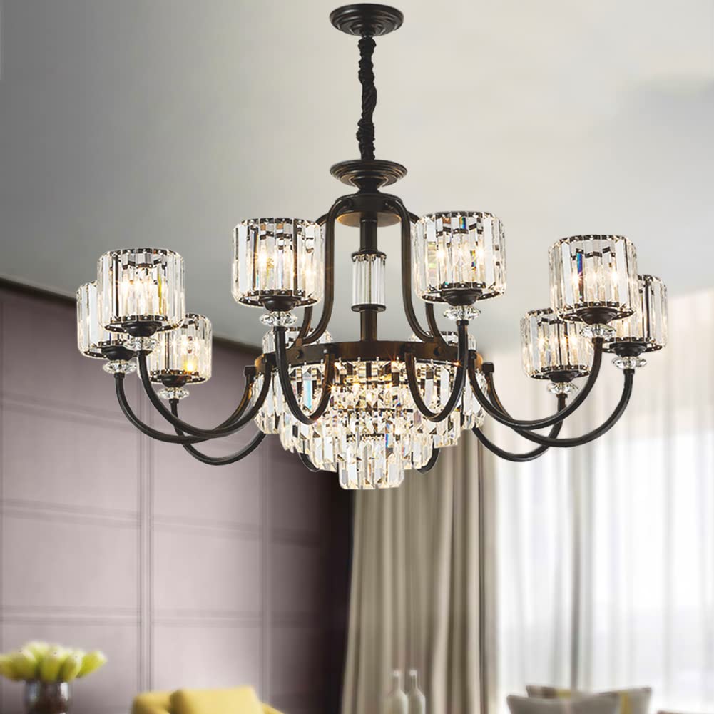 Vintage Crystal Chandelier - 10-Light Industrial Black Round Farmhouse Pendant Light Fixture for Ceiling - Perfect for Living Room, Kitchen Island, Dining Room & Bedroom Lighting Decor