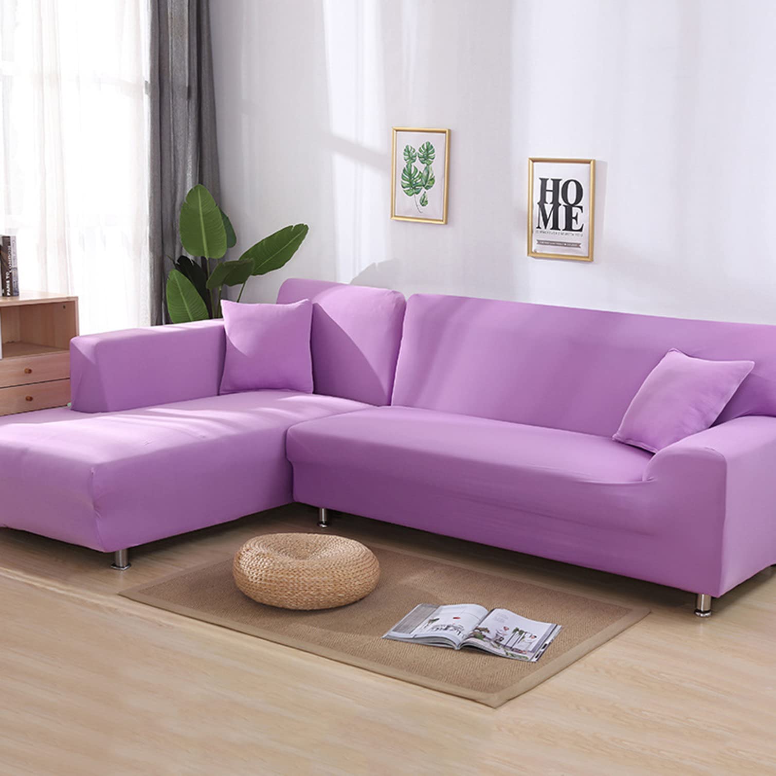 YOPOIY Stretchable L-Shaped Sofa Cover - Durable Milk Silk Fabric Slipcover for Sectional Couches - Washable Corner Furniture Protector (Light Purple, 4+4 Seater) | Perfect for Living Room, Family Room & Home Decor