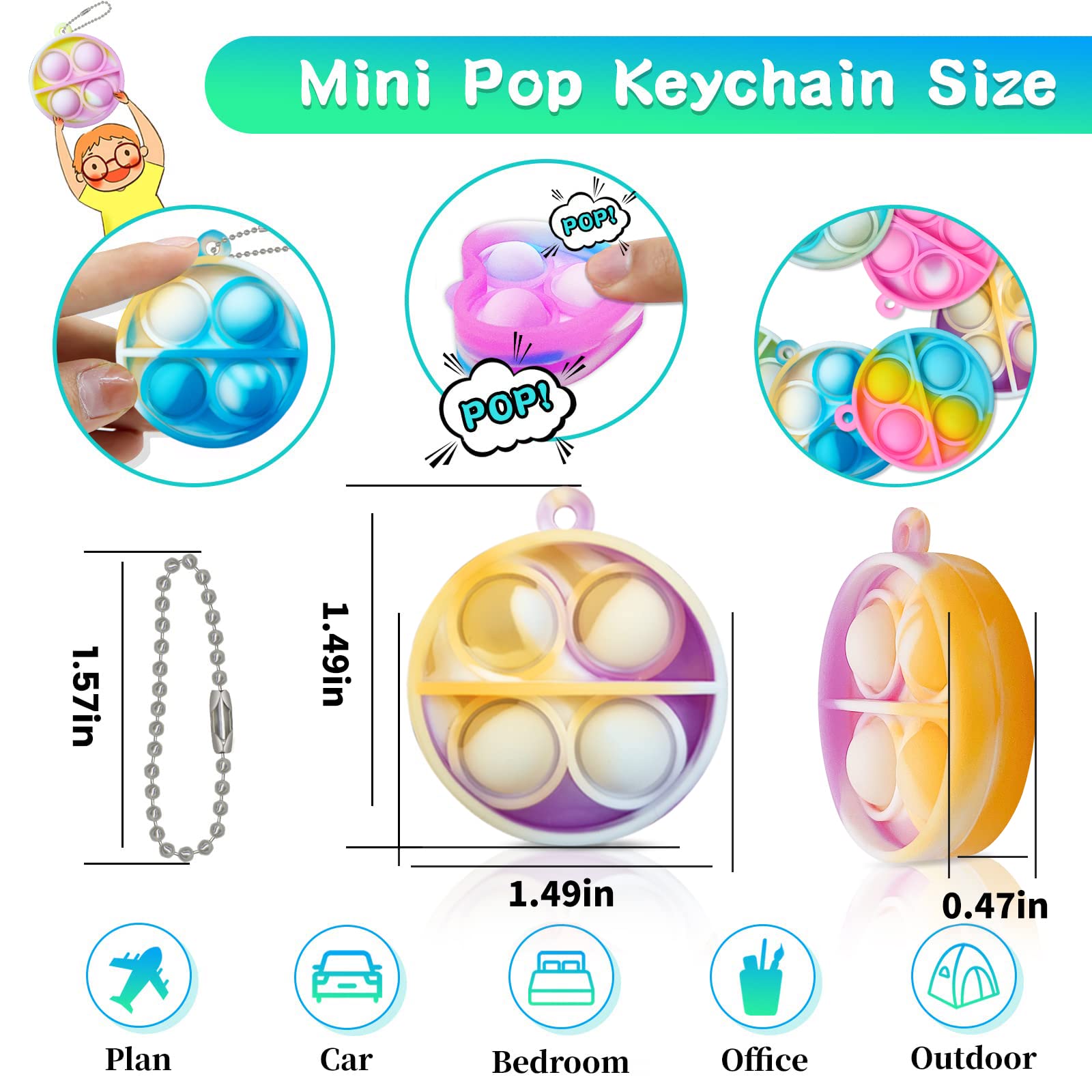 60 Pcs Mini Pop Fidget Keychain Toys Bulk - Sensory Stress Relief Fidgets for Kids Ages 4-12 - Perfect for Classroom Prizes, Party Favors, Easter Goodie Bags & Girls Birthday Gift Stuffers