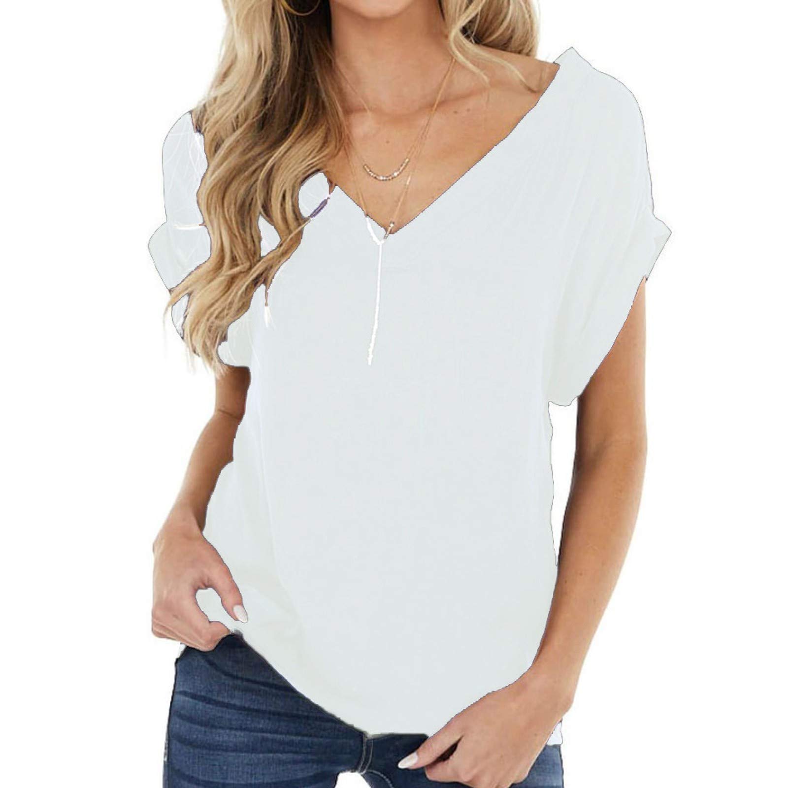 Women's Petal Sleeve V-Neck Short Sleeve T-Shirt - Summer Casual Loose Fit Solid Color Basic Tunic Top for Everyday Wear, Office & Outings