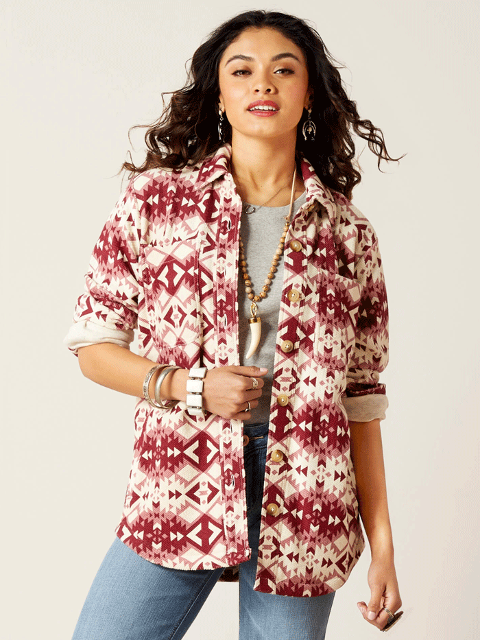 Ariat 10046274 Women's Fillmore Southwest Print Shirt Jacket - Red Western Style Button Up for Casual Outfits & Outdoor Adventures