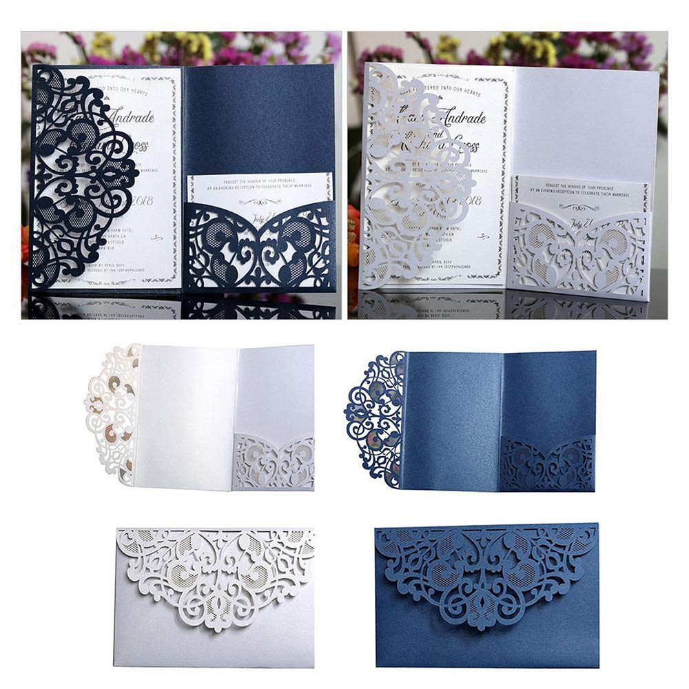 Elegant Lace Flower Hollow Out Wedding Invitation Cards with Blank Inner Sheets - 10 Sets Navy Blue for Wedding, Bridal Shower, Engagement, Birthday & Baby Shower - Perfect for DIY Invitations and Special Events