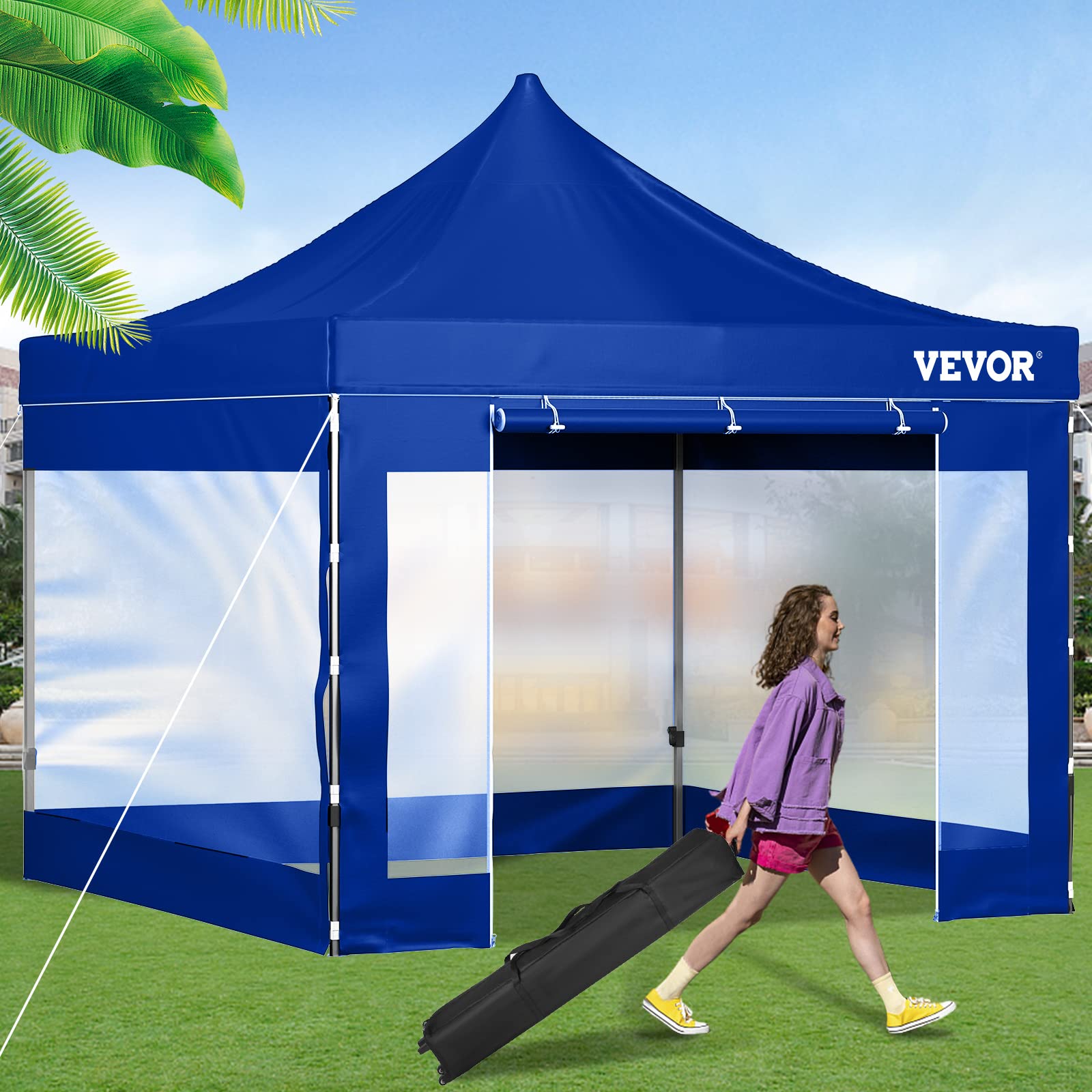 VEVOR 10x10 Pop Up Canopy Tent with Removable Sidewalls & Wheeled Carry Bag - Instant Portable Shelter for Outdoor Events, UV-Resistant Waterproof Gazebo for Camping, Parties, Farmers Markets, Beach & Backyard Gatherings - Blue Commercial Grade Canopy Tent