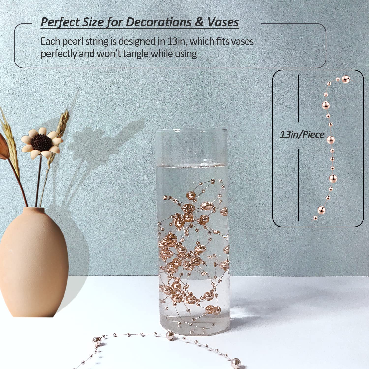 50 Pcs 13-inch Rose Gold Faux Pearl String Vase Fillers - Elegant Table Centerpiece Decor for Weddings, Parties, Dining & Floating Candles | Perfect for Wedding Centerpieces, Dinner Table Decor & Event Styling