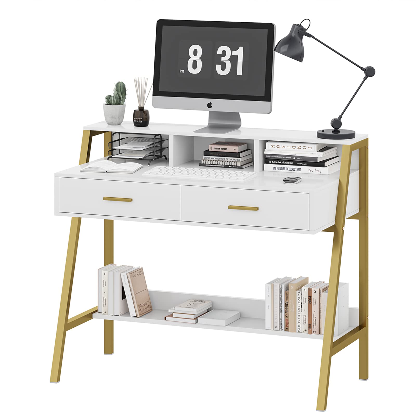 Tiptiper 41 Inch Modern Computer Desk with Drawers & Storage Shelf - White and Gold Home Office Desk with Monitor Stand, Study Writing Table, Laptop PC Workstation (Perfect for Small Spaces, Home Office, Gaming Setup & Remote Work)