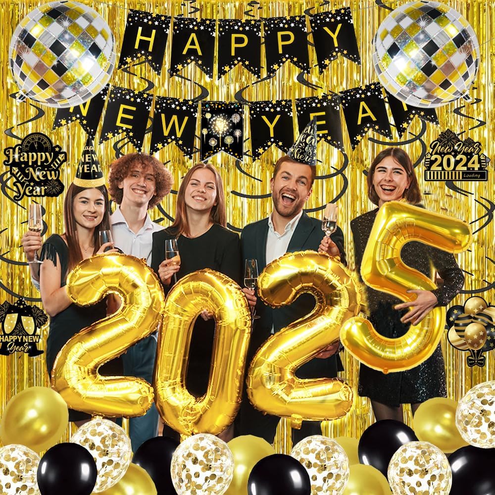2025 Black & Gold New Year Party Decorations Set - Balloons, Banner, Hanging Swirls & Curtains for New Year's Eve Celebrations | Elegant Holiday Home & Office Decor