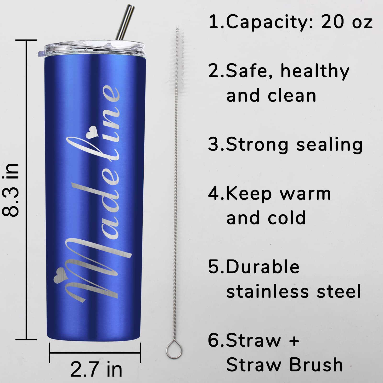 Custom Laser Engraved 20oz Skinny Tumbler with Lid & Straw - Personalized Name Gift for Women, Men, Mothers Day, Fathers Day, Graduation - Perfect for Coffee, Tea, Smoothies & On-the-Go Hydration