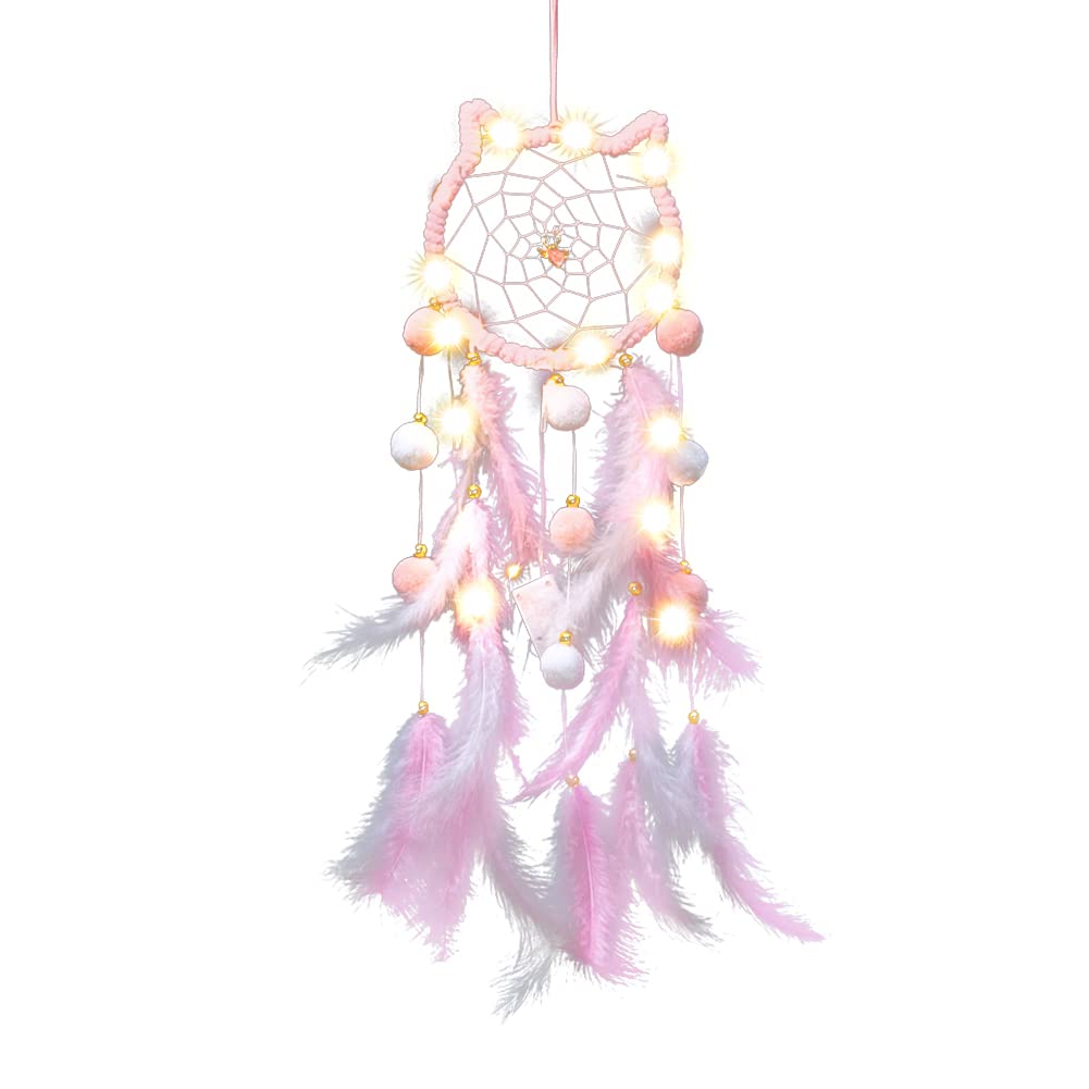 LED Light Up Feather Dream Catcher - Cat Shaped Night Light with Fairy Lights for Bedroom Decor, Kids Room, Nursery, Boho Home Ornament - Perfect Gift for Girls, Boys, Teens & Adults (Use as Wall Decor, Night Light or Spiritual Gift)
