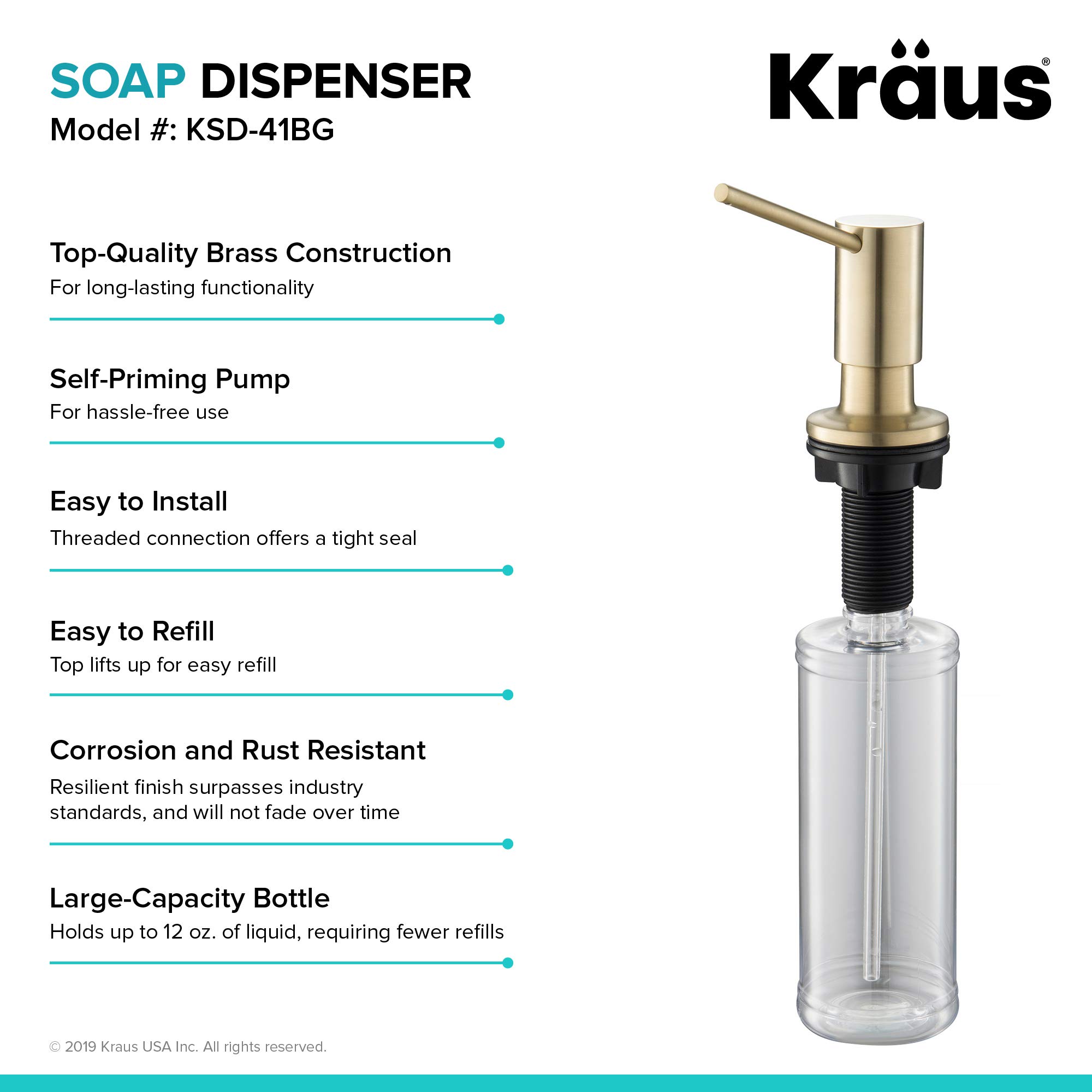 KRAUS Brushed Gold Kitchen Soap and Lotion Dispenser - Premium Touchless Automatic Liquid Soap Dispenser for Bathroom & Kitchen, KSD-41BG | Perfect for Modern Homes & Commercial Spaces