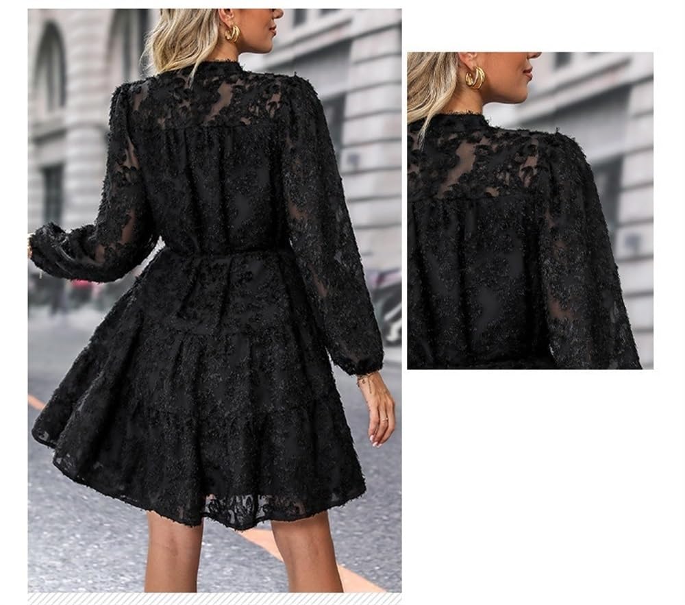 Floral Print Lace Long Sleeve Button Tunic Dress for Women - Elegant Tie Waist Maxi Dress for Office, Party & Special Occasions