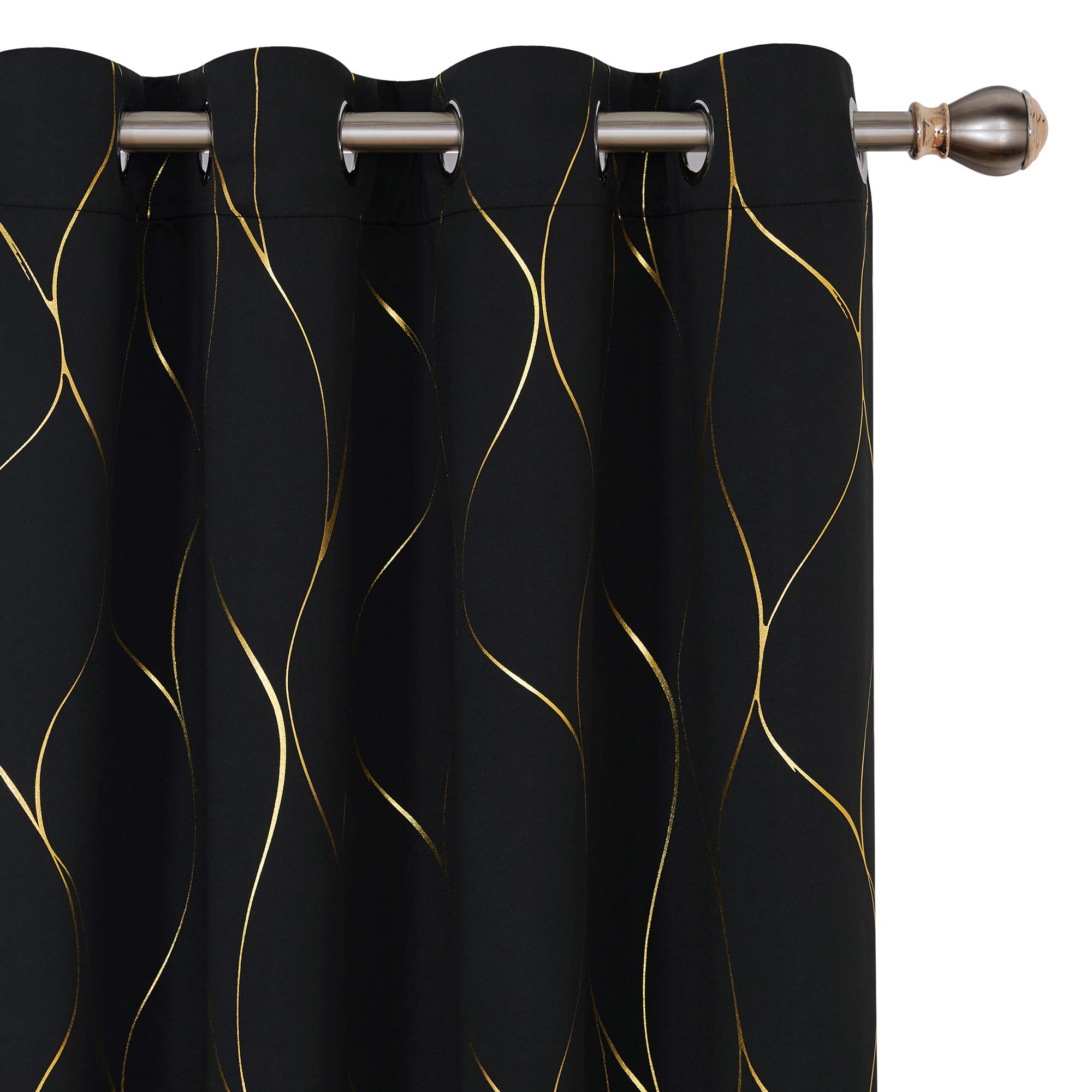 Deconovo Blackout Curtains with Gold Foil Print - Thermal Insulated Grommet Window Drapes for Nursery, Living Room & Bedroom (52x45 Inches, 2 Panels, Black) - Perfect for Light Blocking, Energy Saving & Home Decor