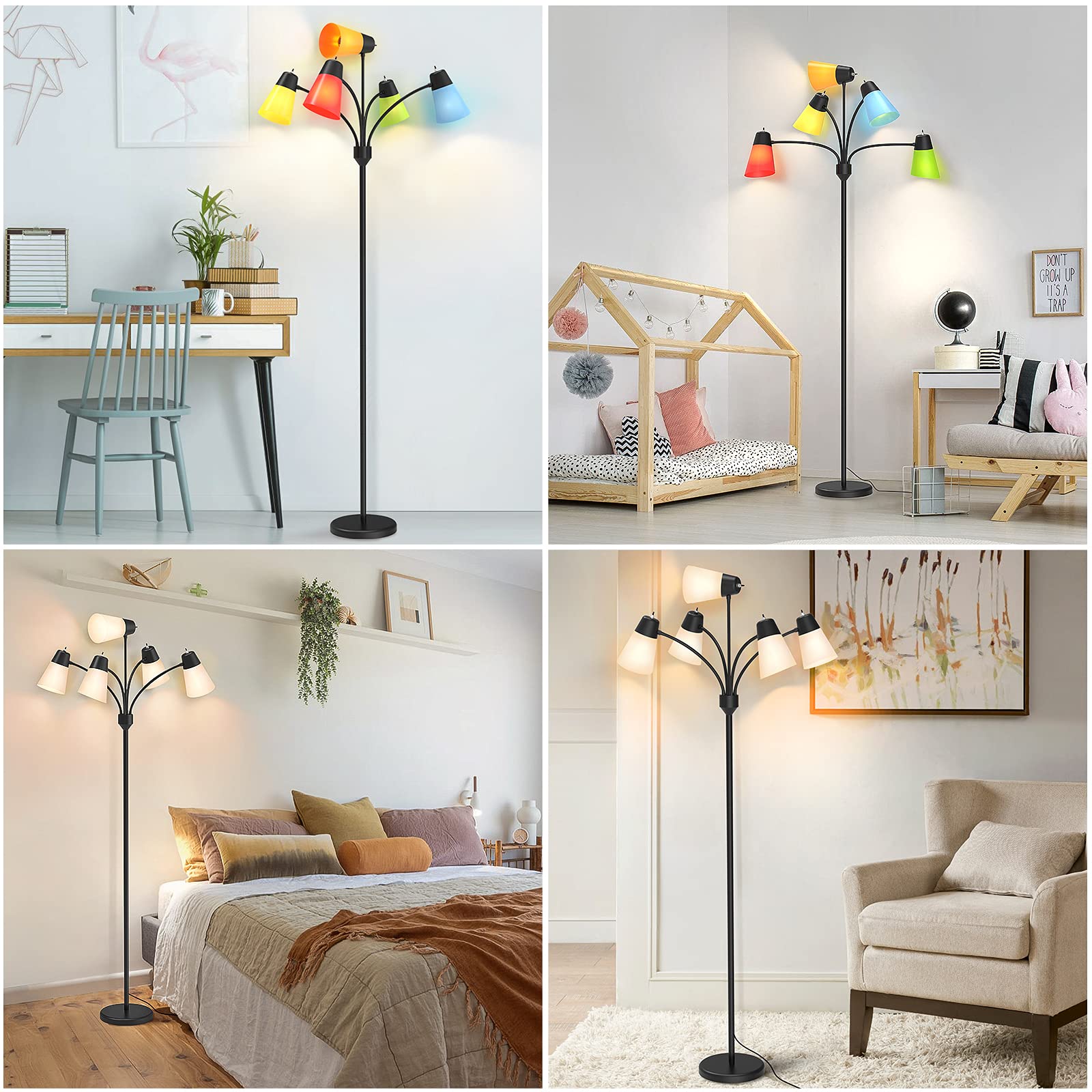FOLKSMATE 5-Head LED Floor Lamp - Modern Adjustable Tall Standing Light with Rustic Black Finish for Living Room, Bedroom & Office Decor