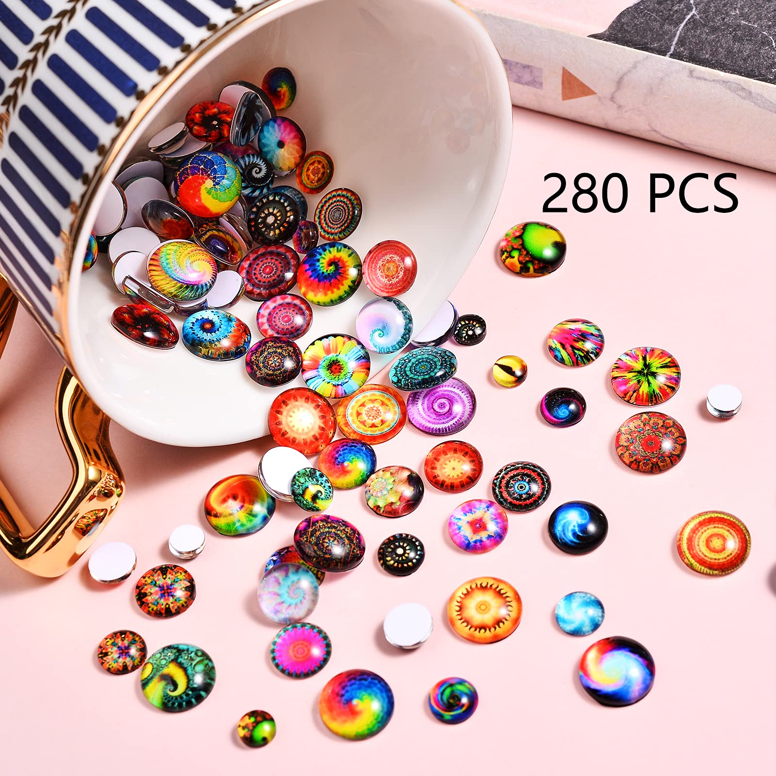BEEFLYING 280pcs Kaleidoscope Glass Cabochons - Half Round & Floral Flatback Dome Cabochons for DIY Jewelry Making - Perfect for Necklaces, Bracelets, and Craft Projects