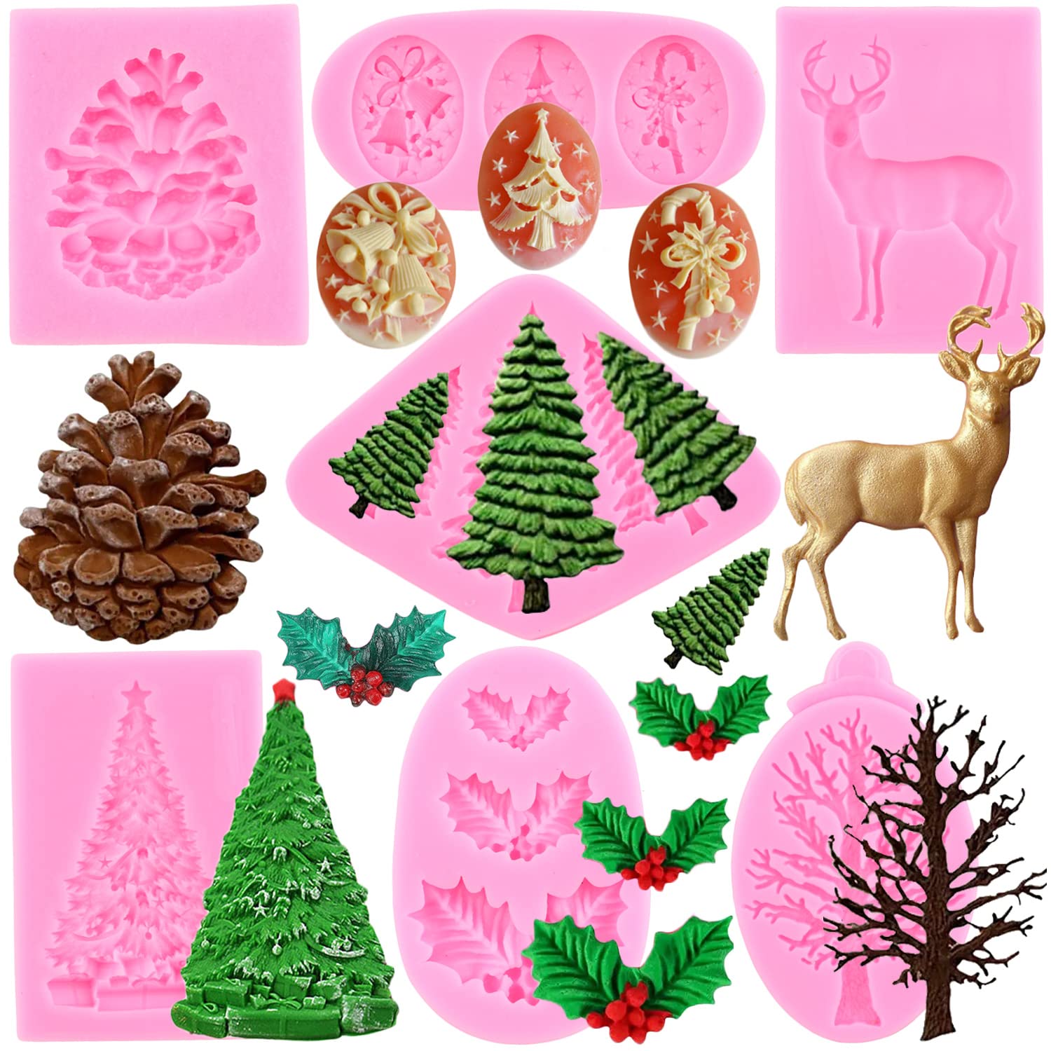 Christmas Silicone Molds Set of 7 - Tree, Pinecone, Bell, Reindeer & Holly Leaves Fondant Molds for Xmas Cake Decorating, Cupcake Toppers, Candy & Chocolate (Perfect for Holiday Baking, DIY Desserts & Christmas Party Treats)
