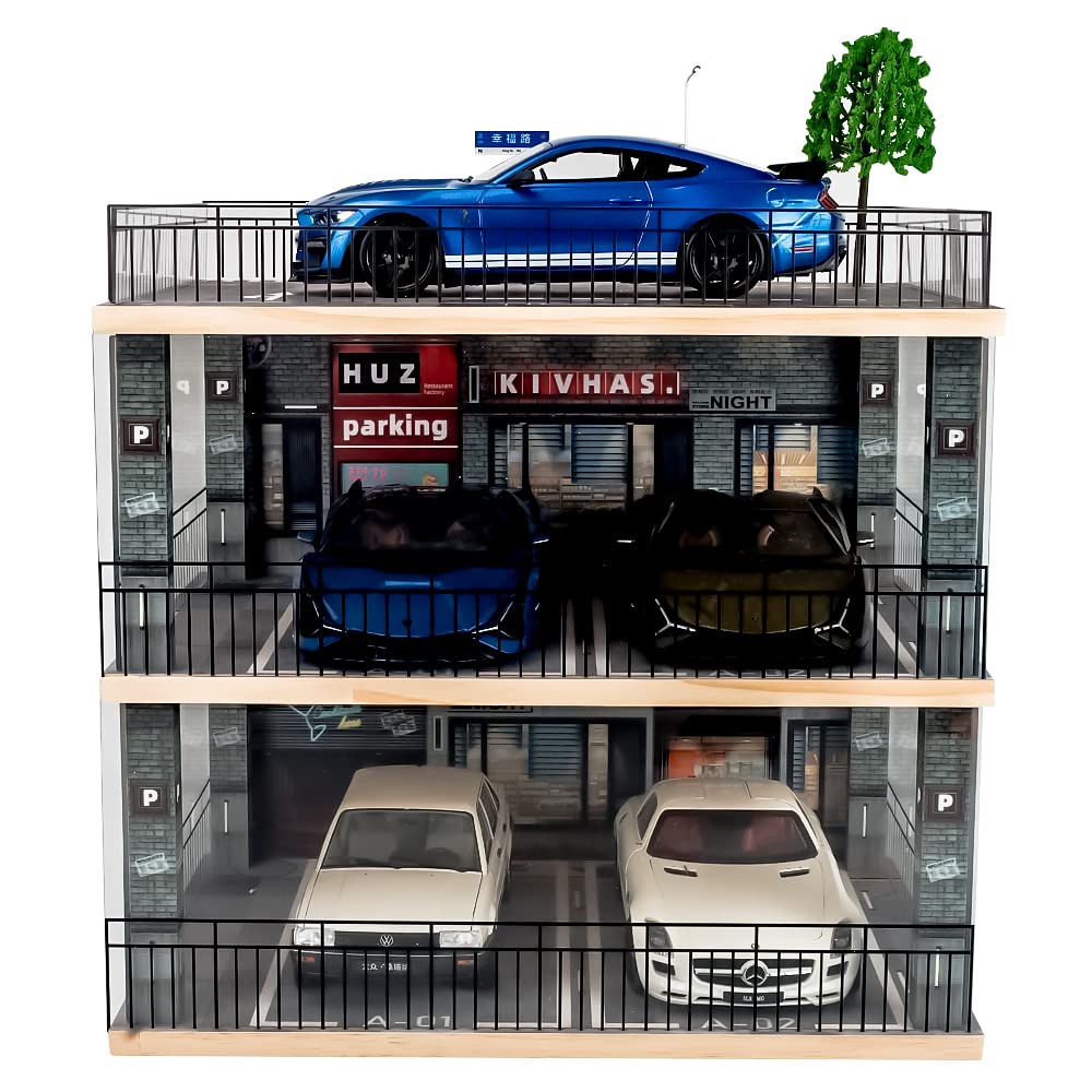 1:18 Scale 3-Tier Model Car Display Case with Parking Lot Scene - Premium Collector Showcase for Sports Cars & Lego Models - Illuminated Alloy Car Toy Display Stand (Perfect for Home Decor, Office Display & Toy Collector Showrooms)
