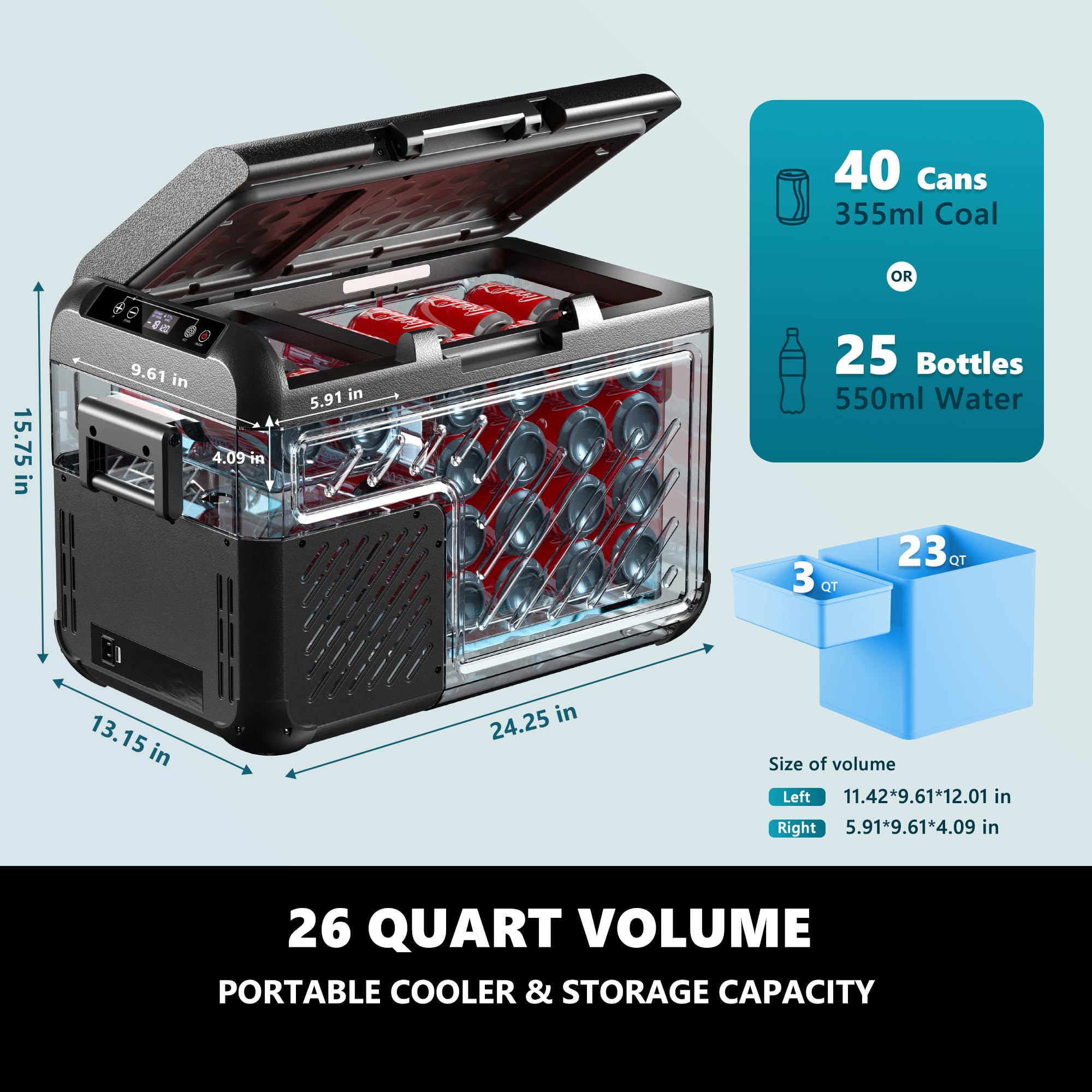EUHOMY 12V 26QT Portable Car Refrigerator, 12/24V DC & 120-240V AC Electric Cooler Freezer (-4°F~68°F) for Camping, RV, Truck, Travel, Road Trips & Outdoor Adventures - Reversible Door Compact Fridge for Food, Drinks & Picnics