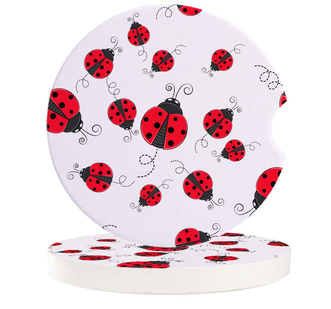 Cute Ladybug Cartoon Ceramic Car Coasters Set of 4 - Absorbent Cup Holder Mats for Cars, Spill-Proof Auto Accessories to Protect Your Vehicle - Perfect for Coffee, Drinks & Keeping Car Clean (Red Ladybug Design)