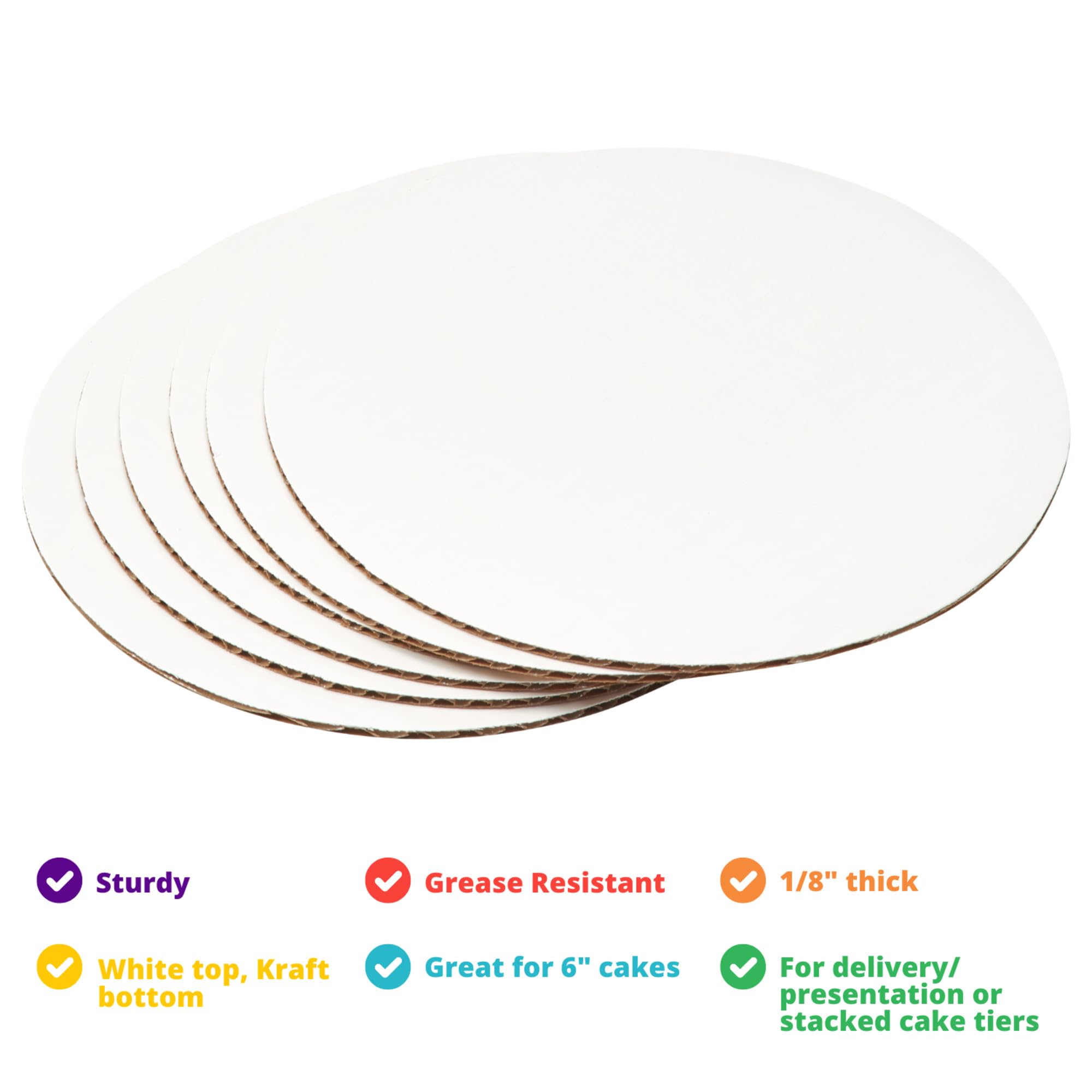 DecoPac 8 Inch Round Cake Board - 6 Pack White Waxed Greaseproof Corrugated Cardboard for Birthday, Wedding & Party Cakes - Sturdy Baking & Decorating Base for Professional & Home Bakers