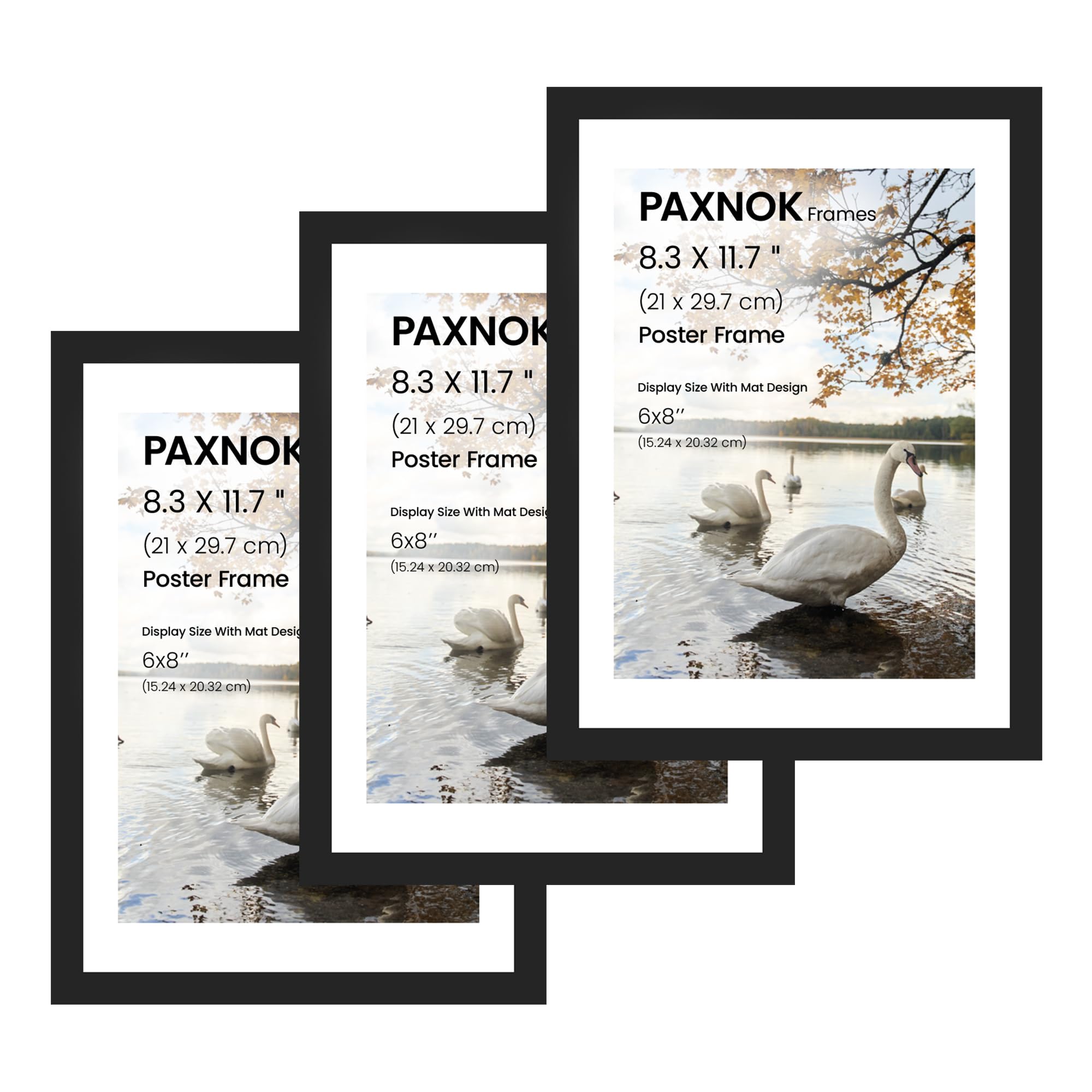 Black A4 Picture Frame Set of 3 - Display 6x8 Photos With Mat or 8.27x11.69 Documents Without Mat | Wall Gallery Frames for Posters, Certificates & Home Office Decor