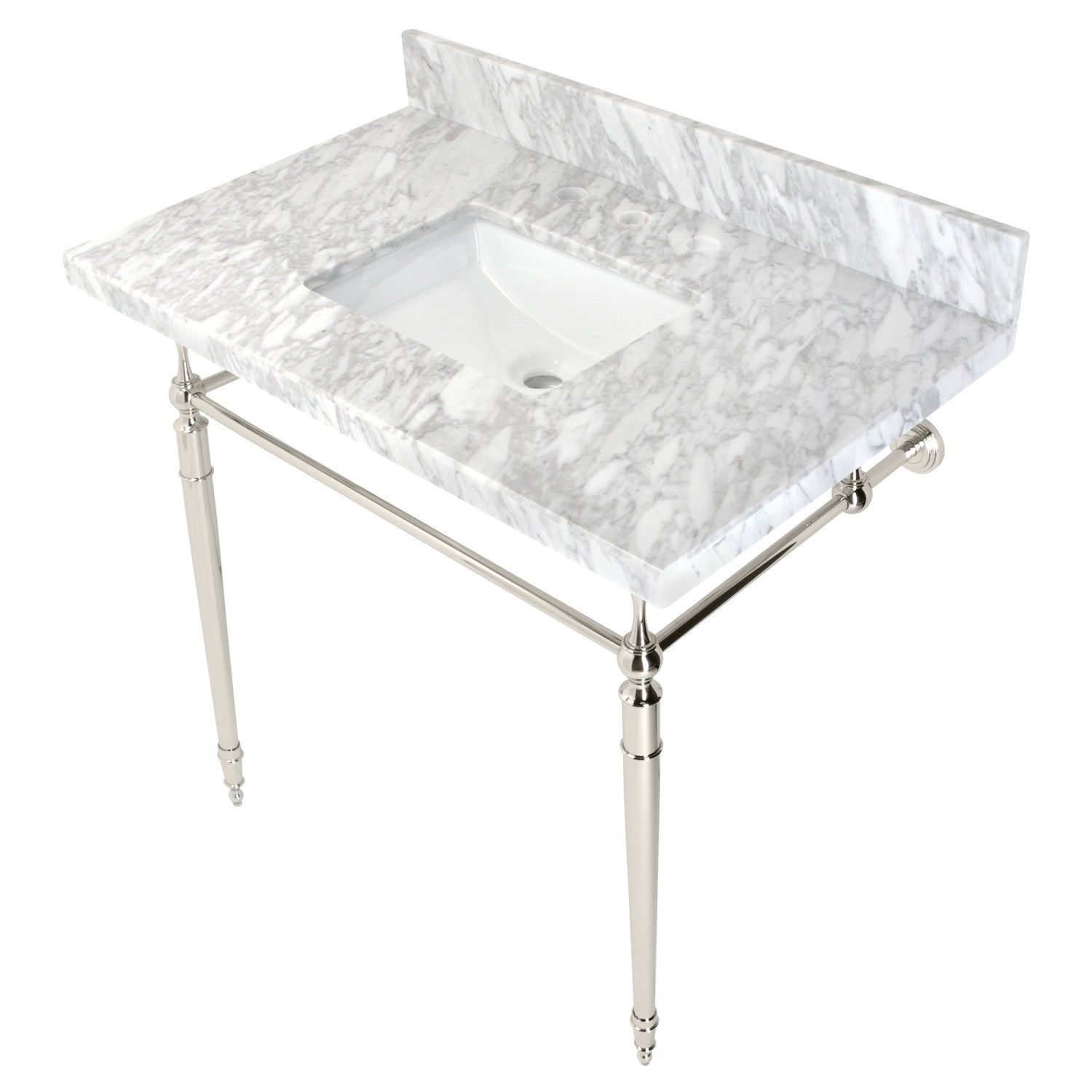 36 Inch Edwardian Style Carrara Marble Bathroom Console Sink with Brass Legs - 8 Inch Depth, 3 Hole Faucet Mount for Powder Room, Guest Bath & Luxury Home Decor