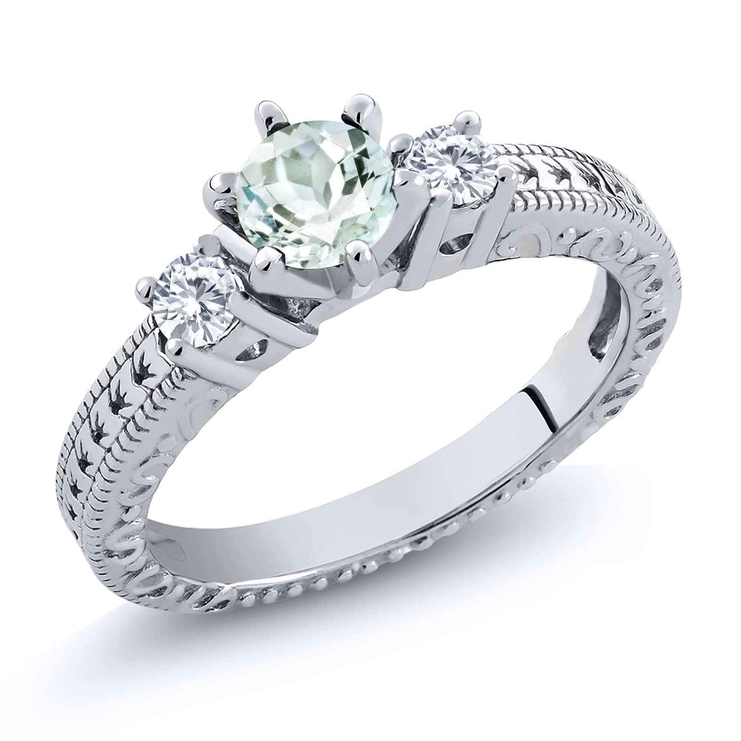 Gem Stone King 925 Sterling Silver 3-Stone Ring Set with Round Sky Blue Aquamarine & Moissanite (0.70 Cttw) - Elegant Jewelry for Engagement, Wedding & Anniversary Gifts