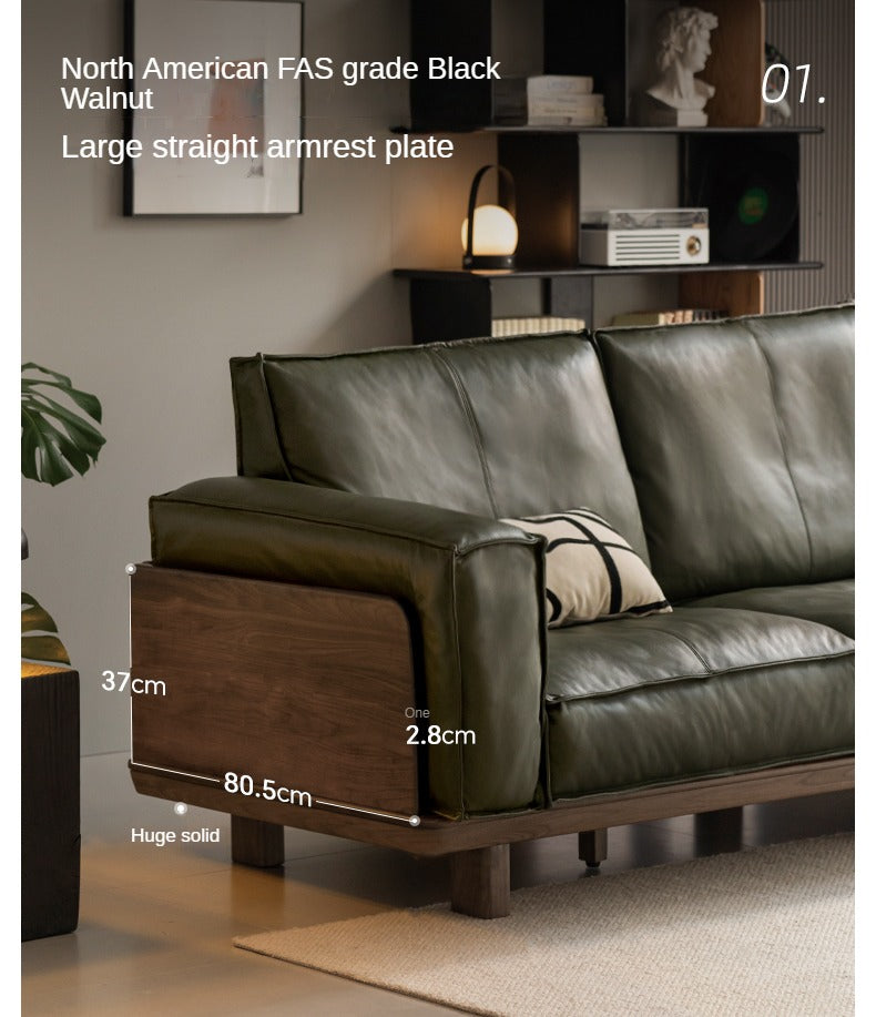 Premium Black Walnut Solid Wood Leather Sofa - Handcrafted Luxury Sofa for Living Room, Office & Lounge - Durable & Stylish Modern Furniture for Home Decor