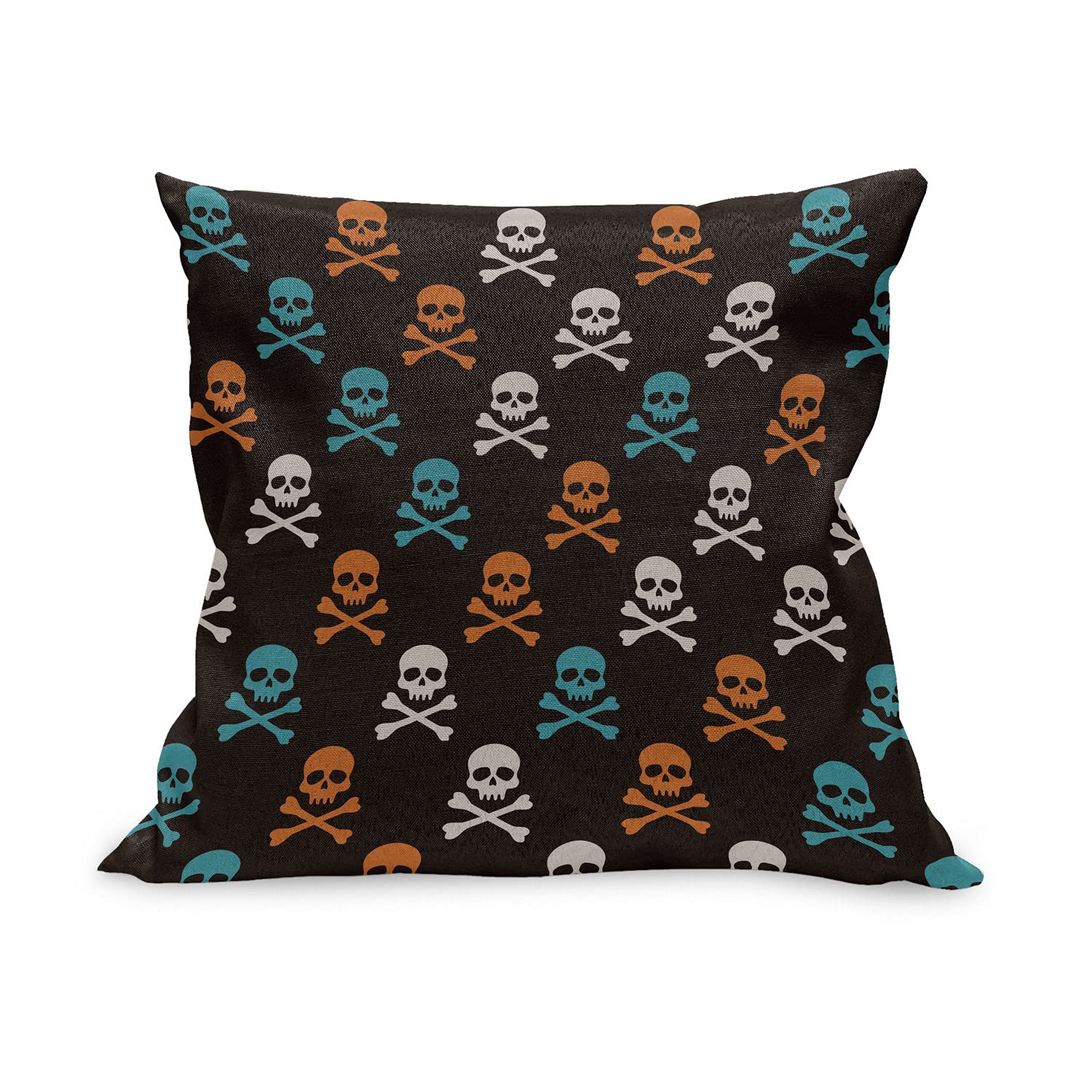Ambesonne Pirates Throw Pillow Cover 18x18 Inch - Skull & Bones Halloween Decor, Black Background Multicolor Square Cushion Case - Perfect for Living Room, Bedroom, or Halloween Party Decorations