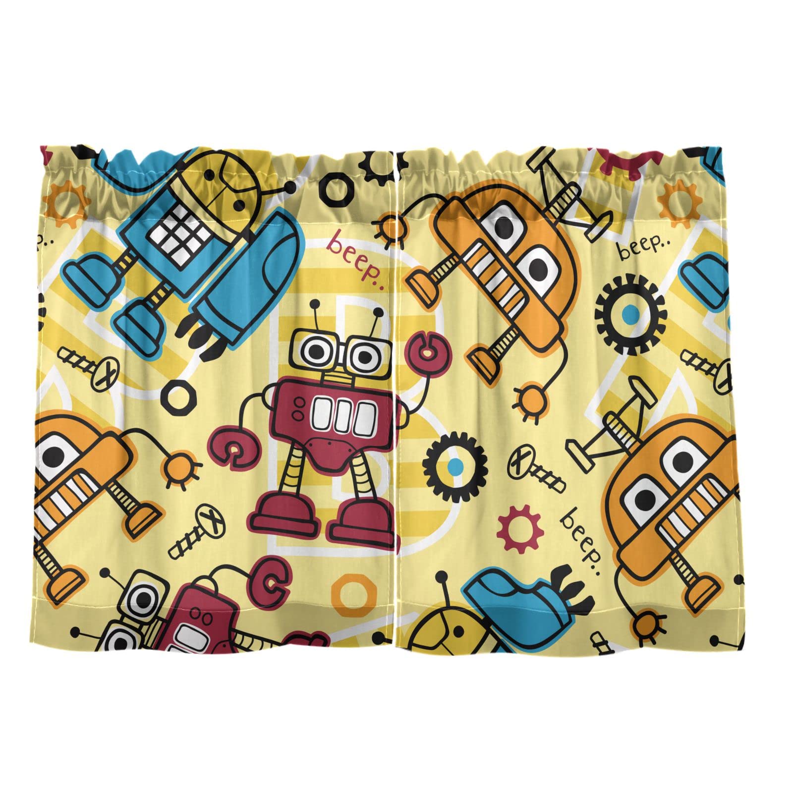 DOMIKING Robots Cartoon Kitchen Curtains 36 Inch Length - Cute Rod Pocket Short Window Curtains for Bathroom, Bedroom, Living Room & Farmhouse Decor - 2 Panels (27