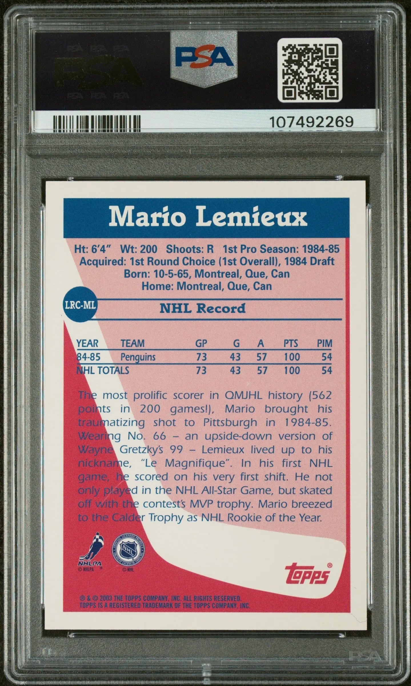 2003 Topps Hockey Lost Rookies Mario Lemieux PSA 9 #LRC ML - Rare Collectible Hockey Card for Sports Memorabilia Enthusiasts & NHL Fans