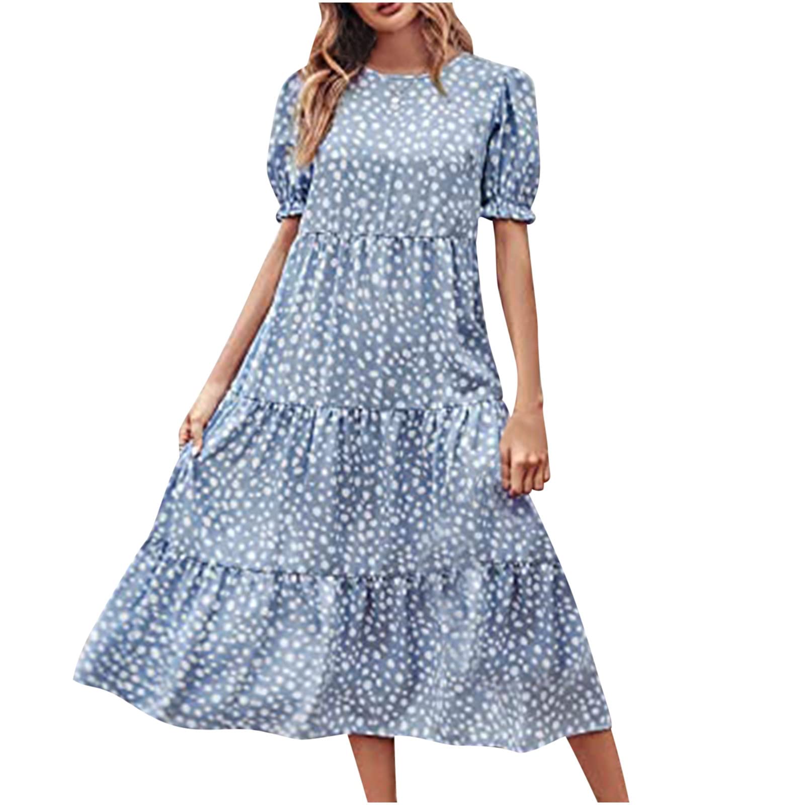 Women's Summer Sundress - Casual Boho Floral Print Midi Dress with Ruffle Puff Sleeves, High Waist & Pockets | Beachwear, Vacation Outfit, Date Night Dress