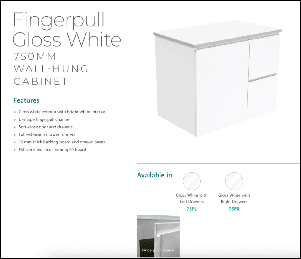 Fienza Crystal Pure 750mm Undermount Bathroom Vanity with Stone Top - SC75ZL Wall Hung Vanity Unit, Left Drawers, Fingerpull Handle, Satin White Finish | Perfect for Modern Bathrooms, Powder Rooms & Small Space Solutions
