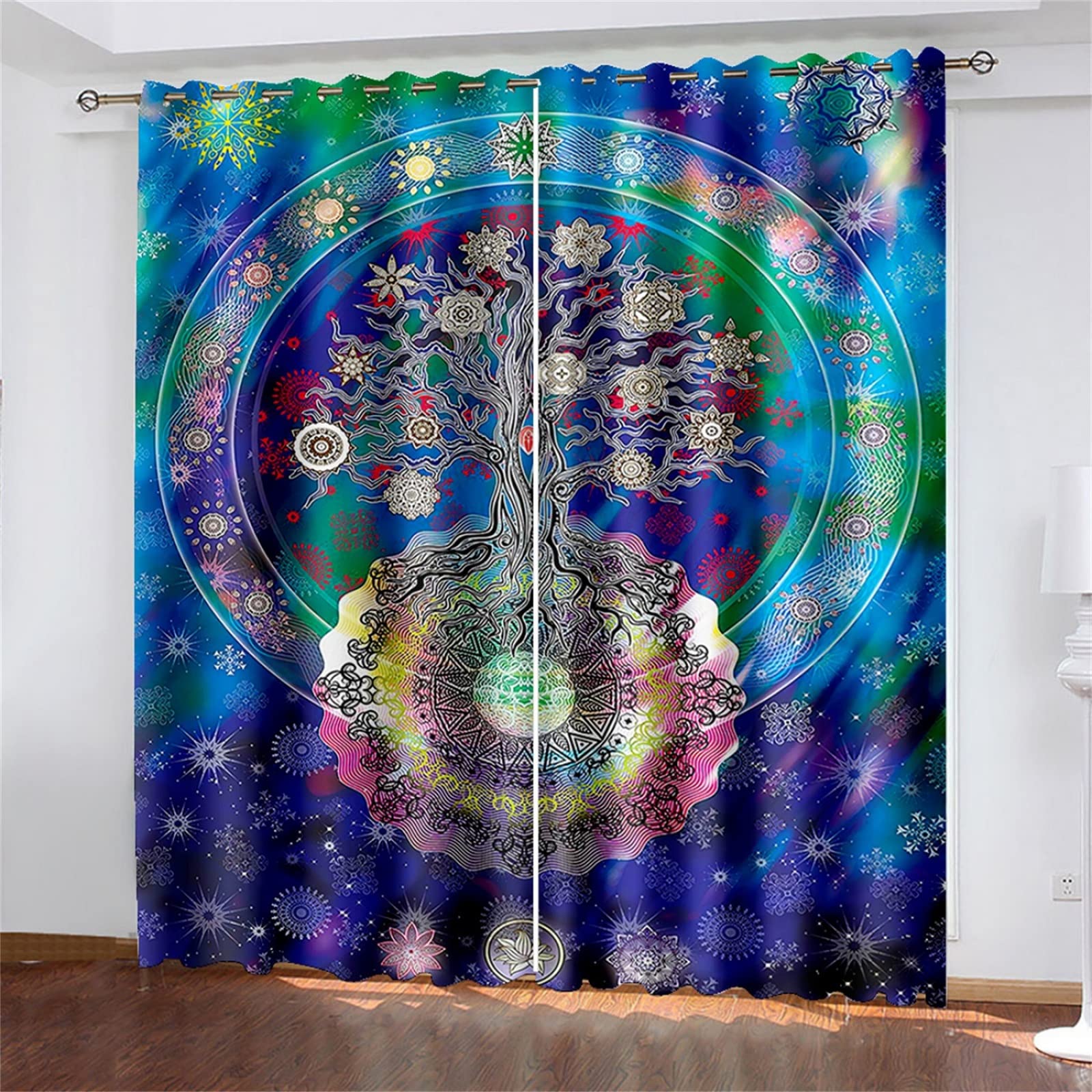 2 Panels Mysterious Bohemian Style 3D Printed Blackout Curtains - World Trees Design, Thermal Insulated Grommet Window Drapes for Bedroom & Living Room (108