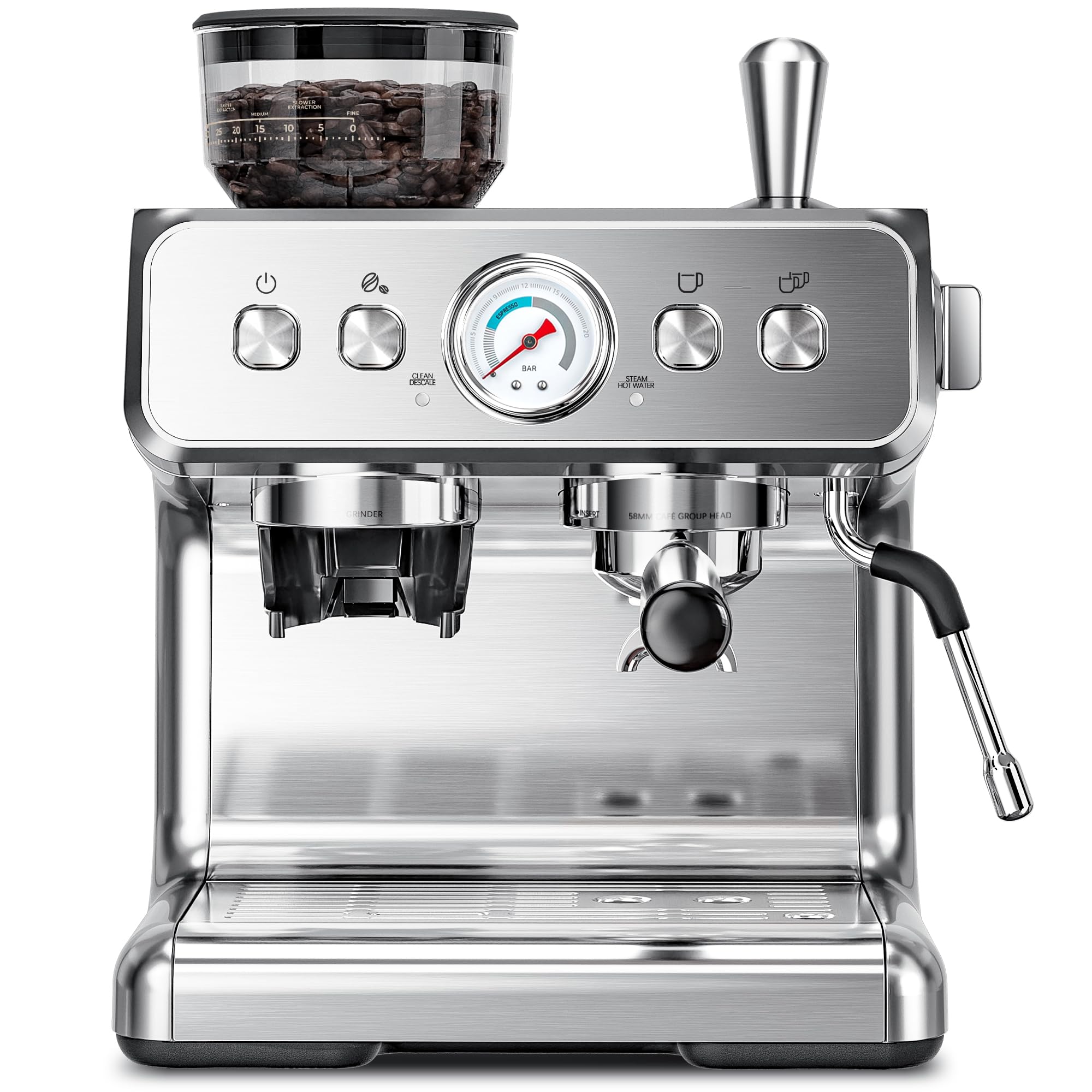 Kismile 20 Bar Professional Espresso Machine with Built-in Grinder & Milk Frother - Automatic Coffee Maker for Home, Latte & Cappuccino - Removable Water Tank, Stainless Steel - Perfect for Morning Brews & Entertaining Guests