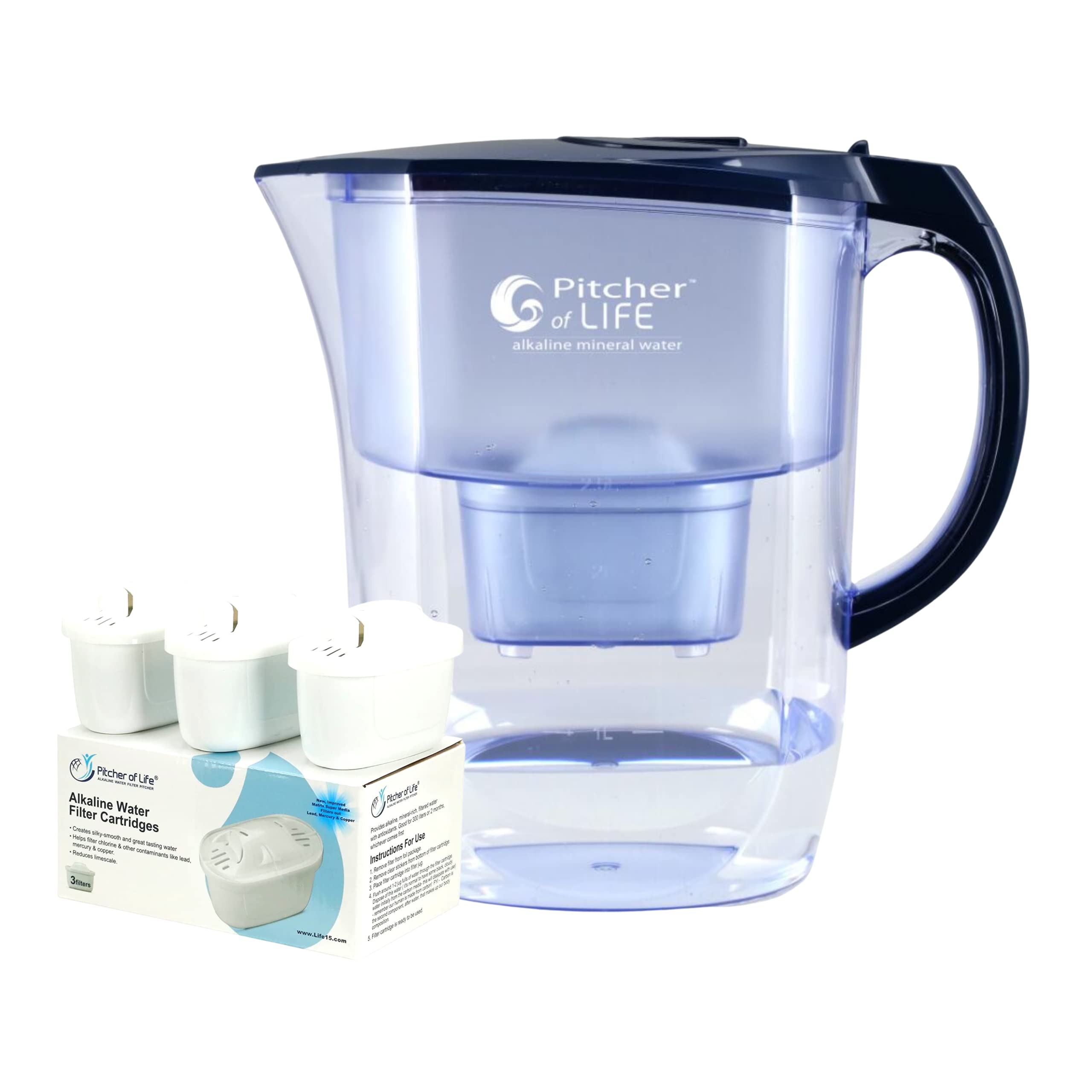 Premium Alkaline Water Filter Pitcher - Super Water Alkalizer & Purifier with 3 Replacement Filters | Improve Hydration & Detox | Perfect for Home, Office & Gym Use