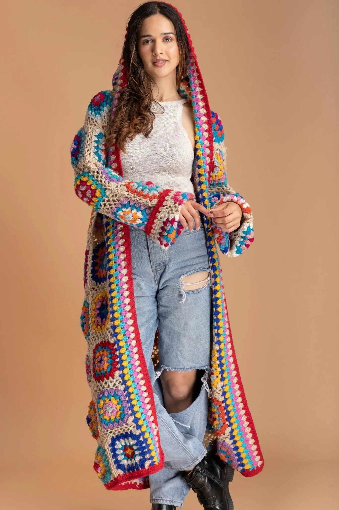 Crochet Wool Hooded Kimono Long Cardigan - Soft Chunky Knit Open Front Sweater for Women | Perfect for Fall, Winter, and Cozy Home Wear