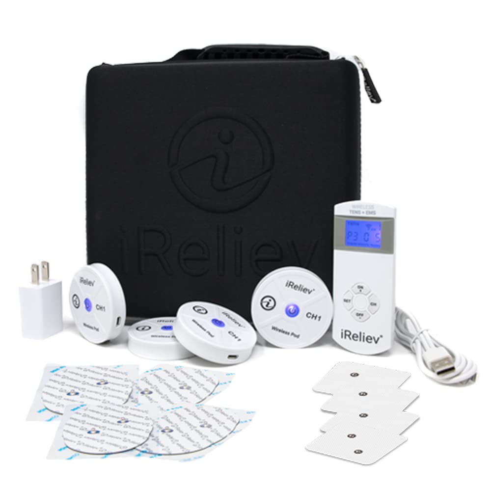 iReliev Wireless TENS + EMS Therapy Device - Pain Relief & Muscle Stimulator for Arthritis, Back Pain, Sore Muscles - Portable Wearable System with 4 Receiver Pods & Case - Perfect for Home Use, Workouts, and Post-Surgery Recovery