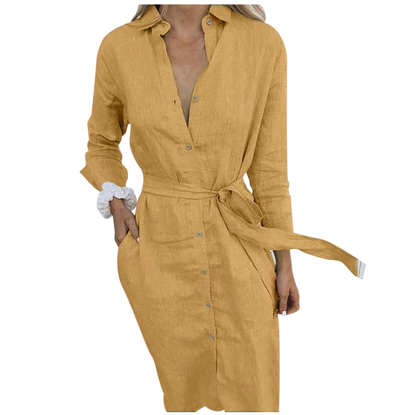 Women's Casual V-Neck Lapel Long Shirt Dress with Belt - Solid Color Button Lace Up Spring & Autumn Outfit | Perfect for Office Wear, Date Night & Weekend Brunch
