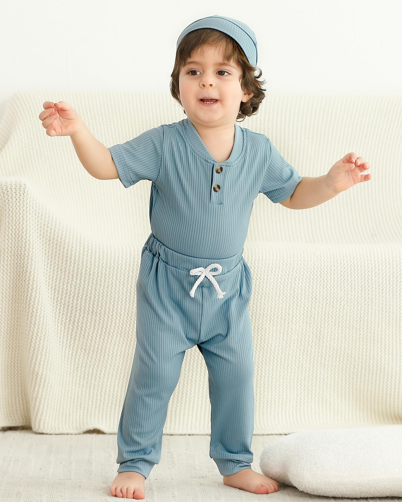 NZRVAWS Baby Boy Clothes Set - Soft Ribbed Knit Romper & Hat Outfit for Newborns 0-12 Months | Cozy Infant Pajamas, Photo Shoot & Daily Wear
