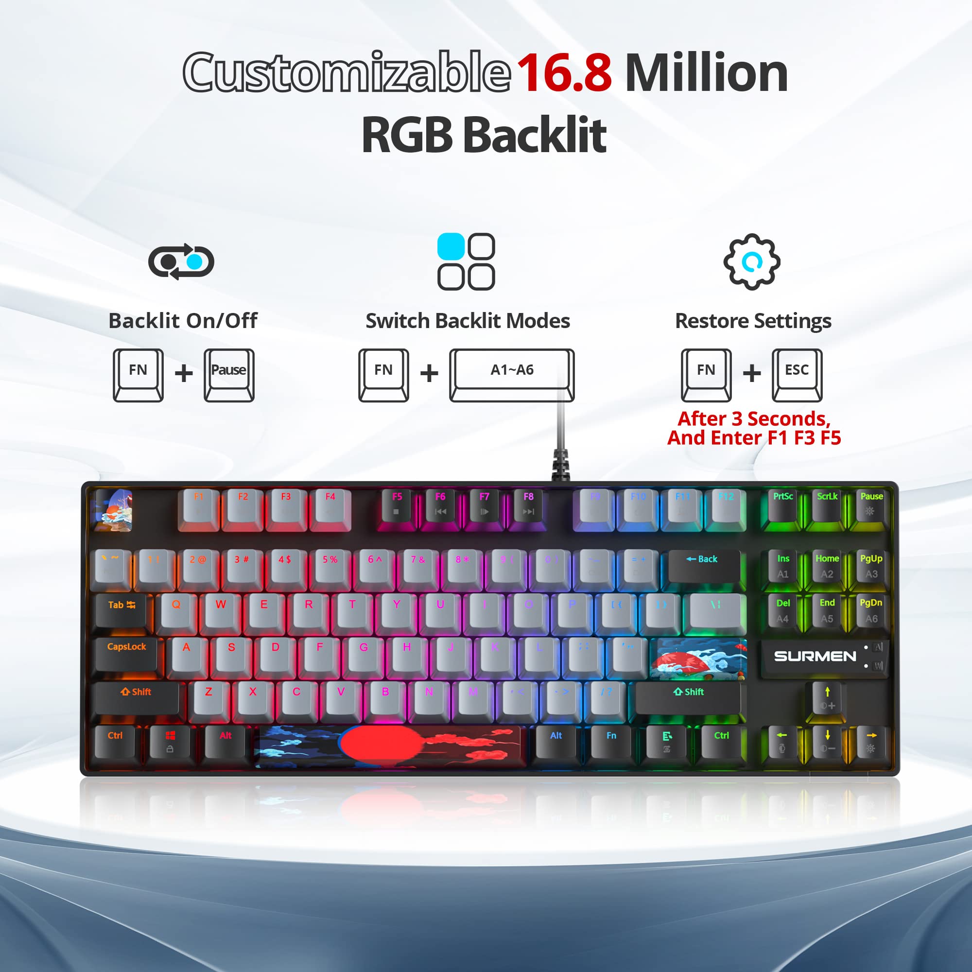 75% Mechanical Gaming Keyboard with Red Switch, RGB Backlit - Compact 87 Keys for PC & Console Gaming