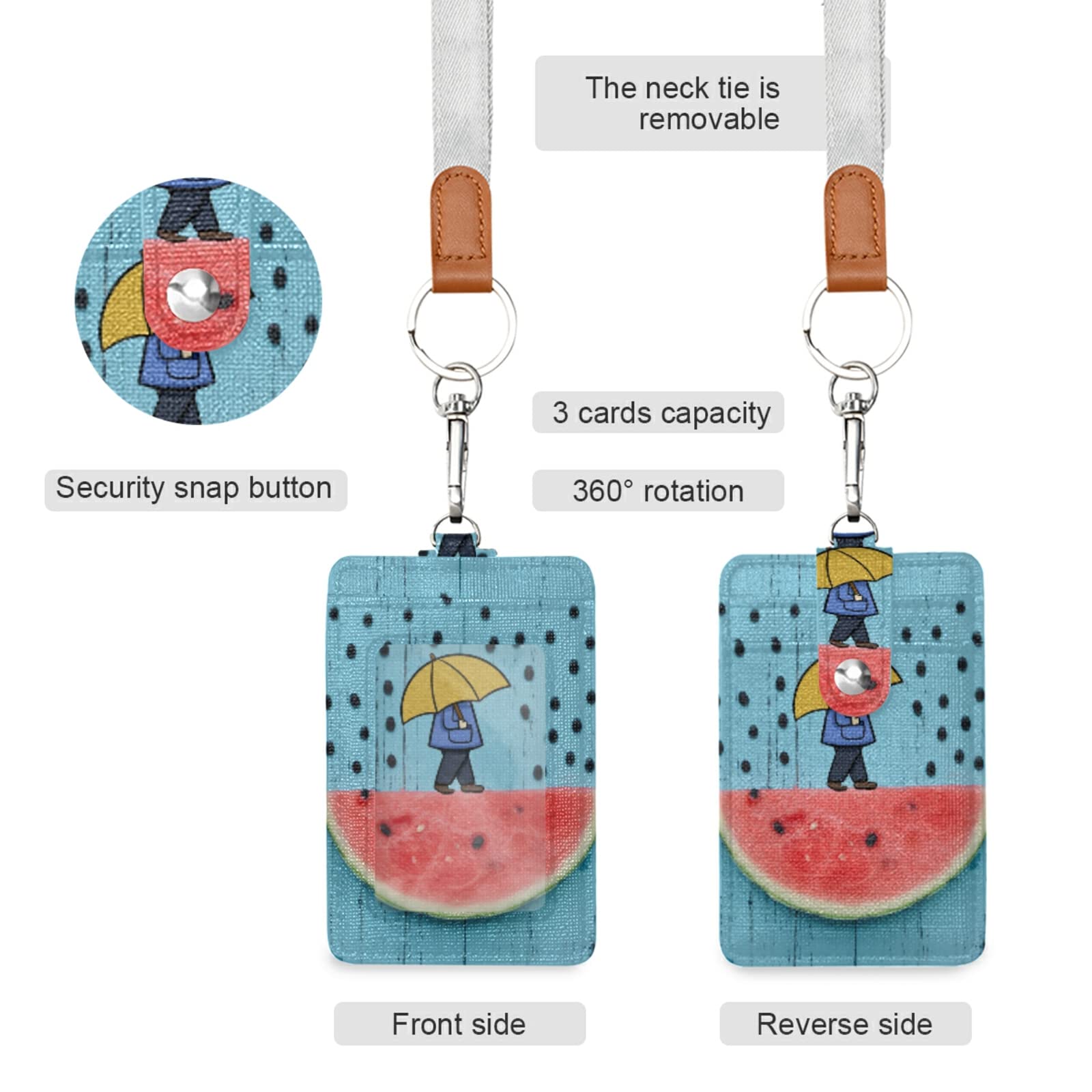 Vertical Leather ID Badge Holder with Lanyard - Watermelon Rain Design for Office & School Staff