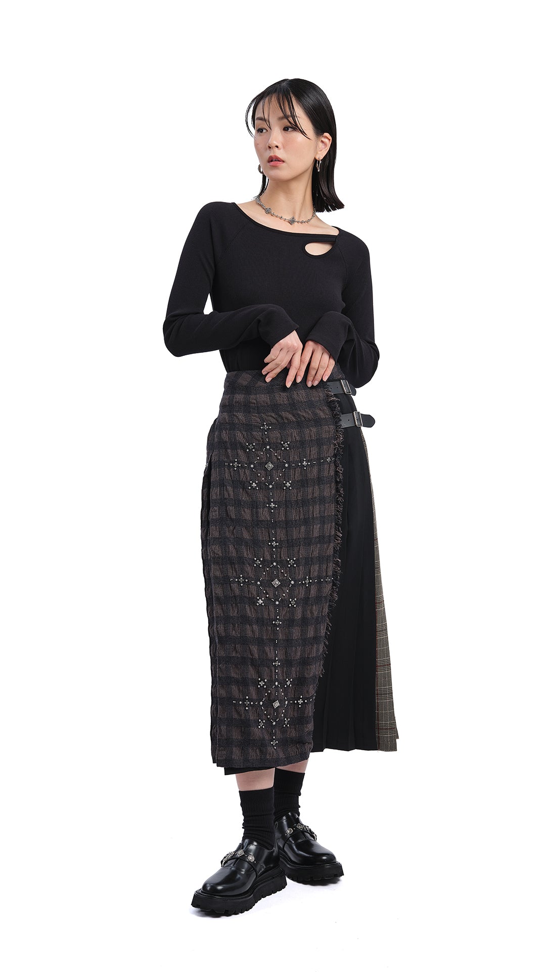 Checker Studs Hostess Skirt - Vintage Plaid Mini Skirt with Studded Waistband | Perfect for Parties, Cosplay & Retro Fashion Outfits