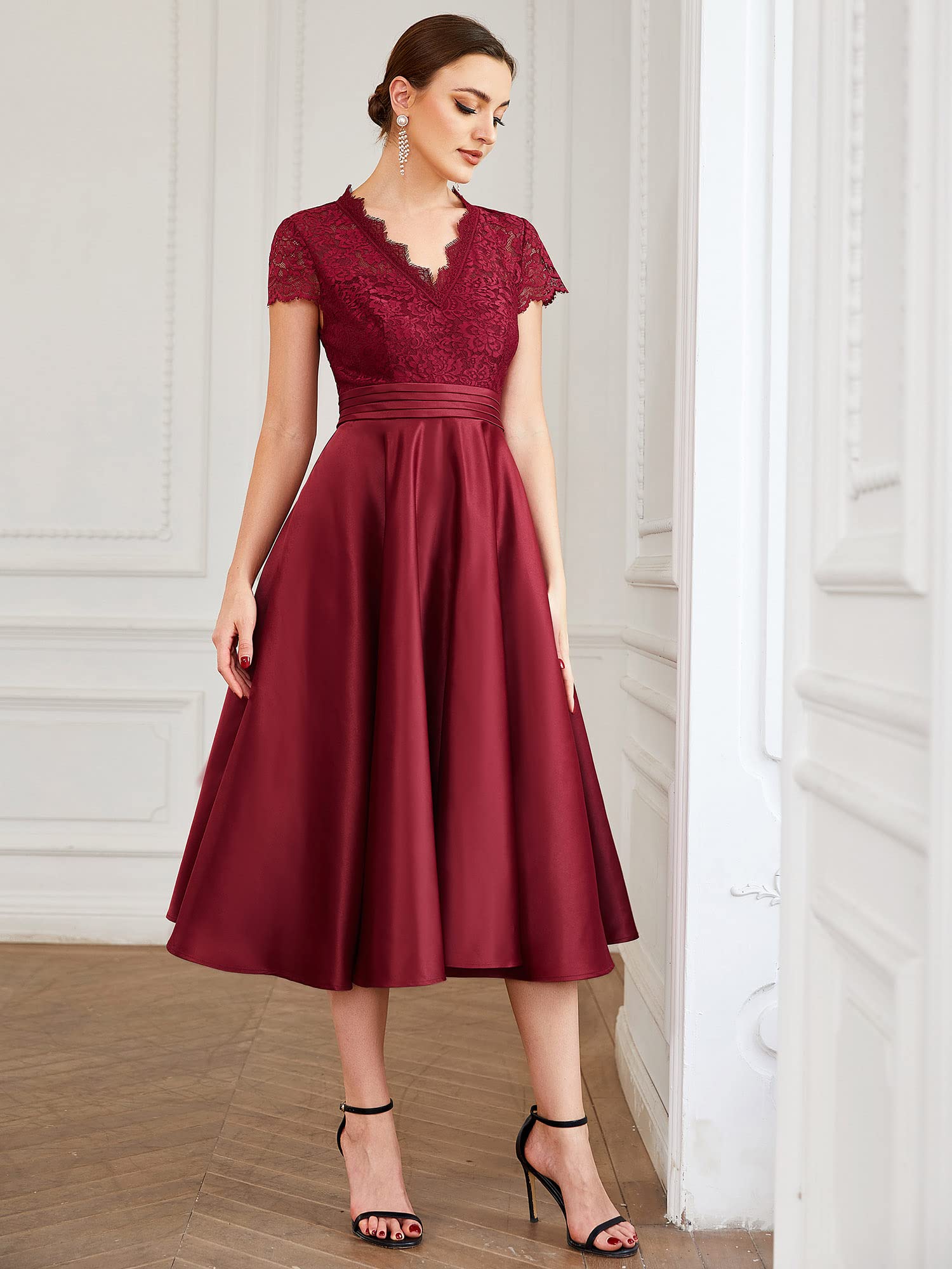 Ever-Pretty Women's A-Line Lace V-Neck See-Through Pleated Cocktail Dress for Wedding, Party & Special Occasions - Elegant Formal Wear for Bridal Shower, Evening Gala and Prom Night (Style 40400)