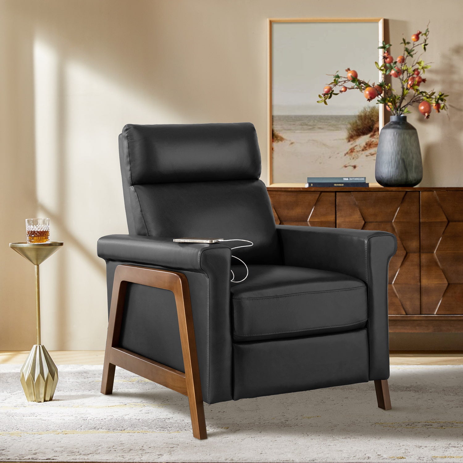 Premium Genuine Leather Power Recliner with Solid Wood Frame - Electric Massage Chair for Living Room, Home Theater & Office - Comfortable Modern Reclining Sofa with USB Charger