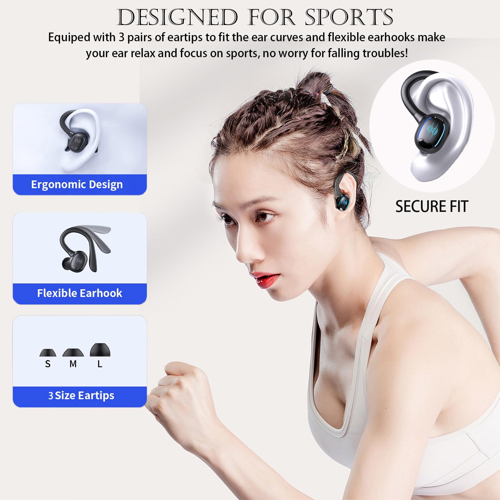 Wireless Bluetooth Sports Earbuds with Ear Hooks - Sweatproof & Waterproof Over-Ear Headphones for Running, Workout, Gym, Cycling & Outdoor Activities - Secure Fit for Active Lifestyles