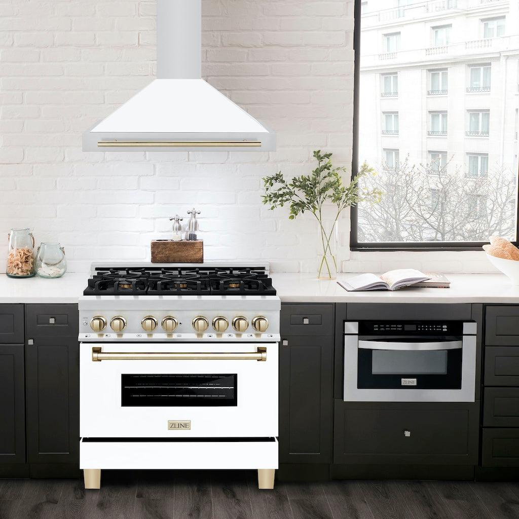 ZLINE KB4STZ WM G Autograph Edition Convertible Stainless Steel Range Hood - White Matte Shell with Polished Gold Accents - Professional Kitchen Ventilation for Modern Homes