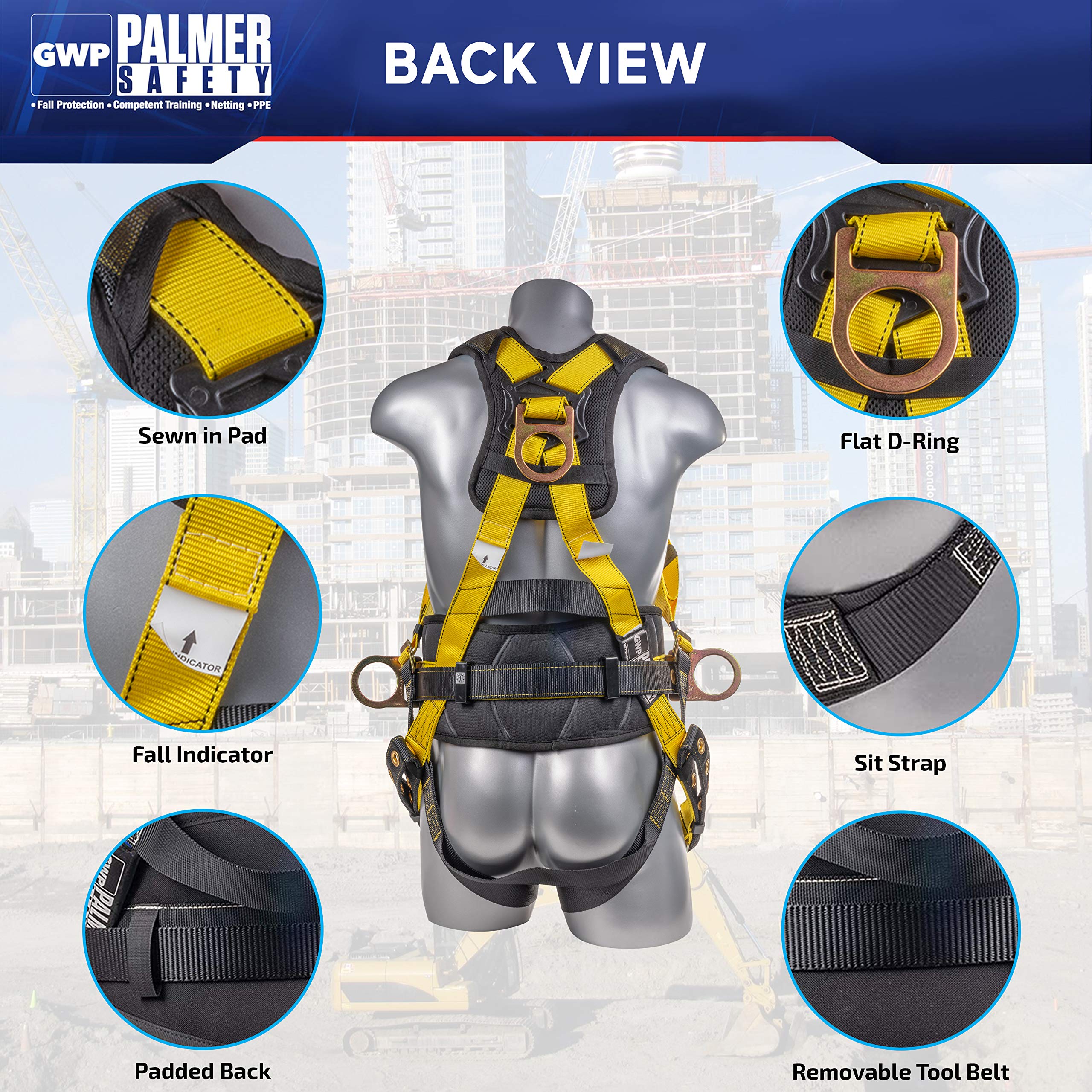 Palmer Safety Hammerhead 5-Point Safety Harness with Back Padding, QCB Chest Buckle, Tongue Buckle Leg Straps & D-Rings - OSHA Compliant Fall Protection for Construction, Roofing & Industrial Work