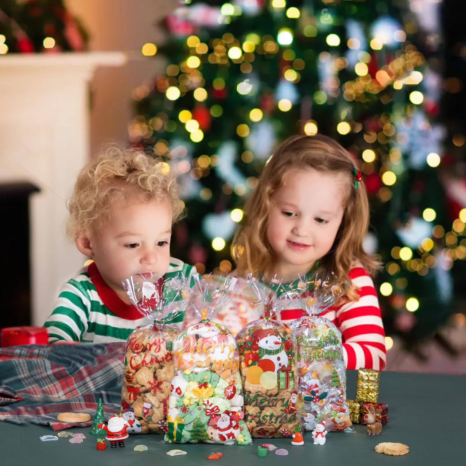 120 Pcs Clear Christmas Cellophane Treat Bags with Santa Claus & Bells Pattern - Holiday Candy Bags for Xmas Party Favors, Gift Wrapping & Home Decorations