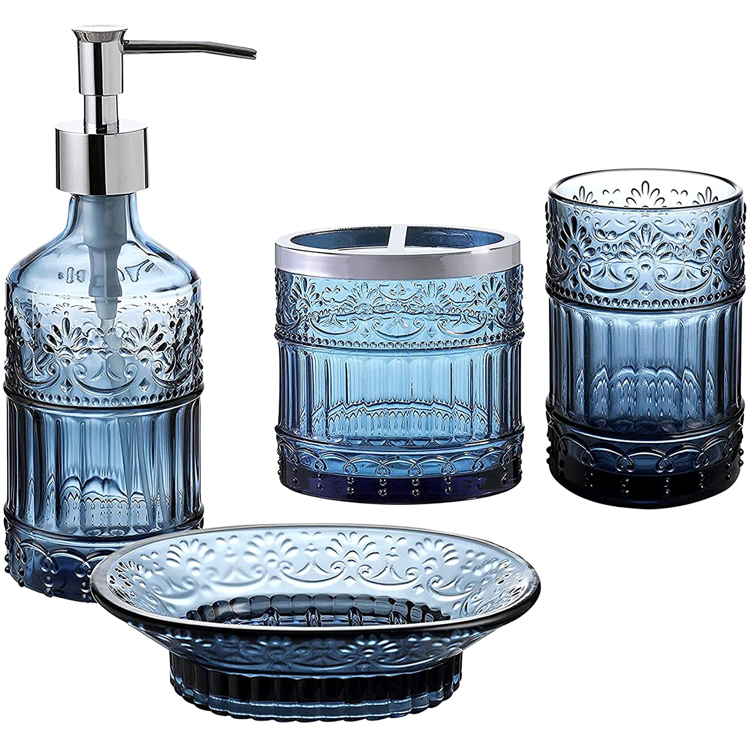 4-Piece Blue Glass Bathroom Accessories Set - Soap Dispenser, Toothbrush Holder, Vanity Tray & Jar - Elegant Boho Style Countertop Organizer for Bathroom Decor - Perfect for Modern, Farmhouse or Coastal Style Homes
