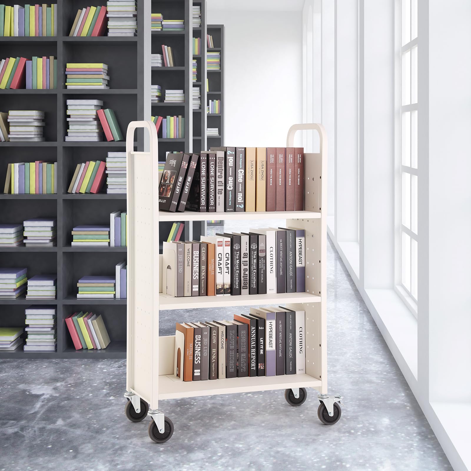 VEVOR Heavy Duty Rolling Book Cart - 330 lbs Capacity Library Cart with Lockable Wheels, 31.1